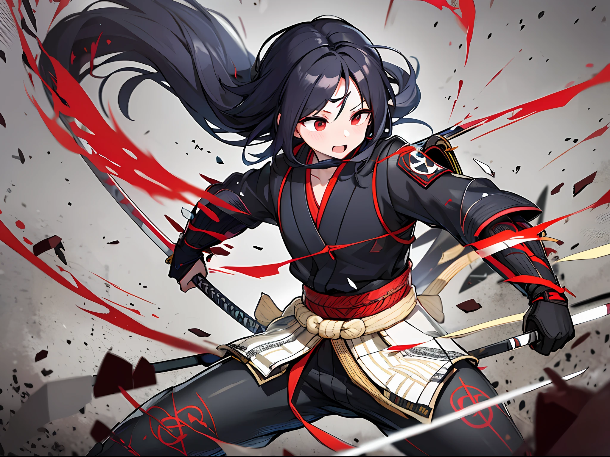 Katana, katana swipe trail, random katana trail, slash trail, afterimage swing katana, motion blur katana, broken glass image visual effect, black and red, cool, masterpiece, absurdres