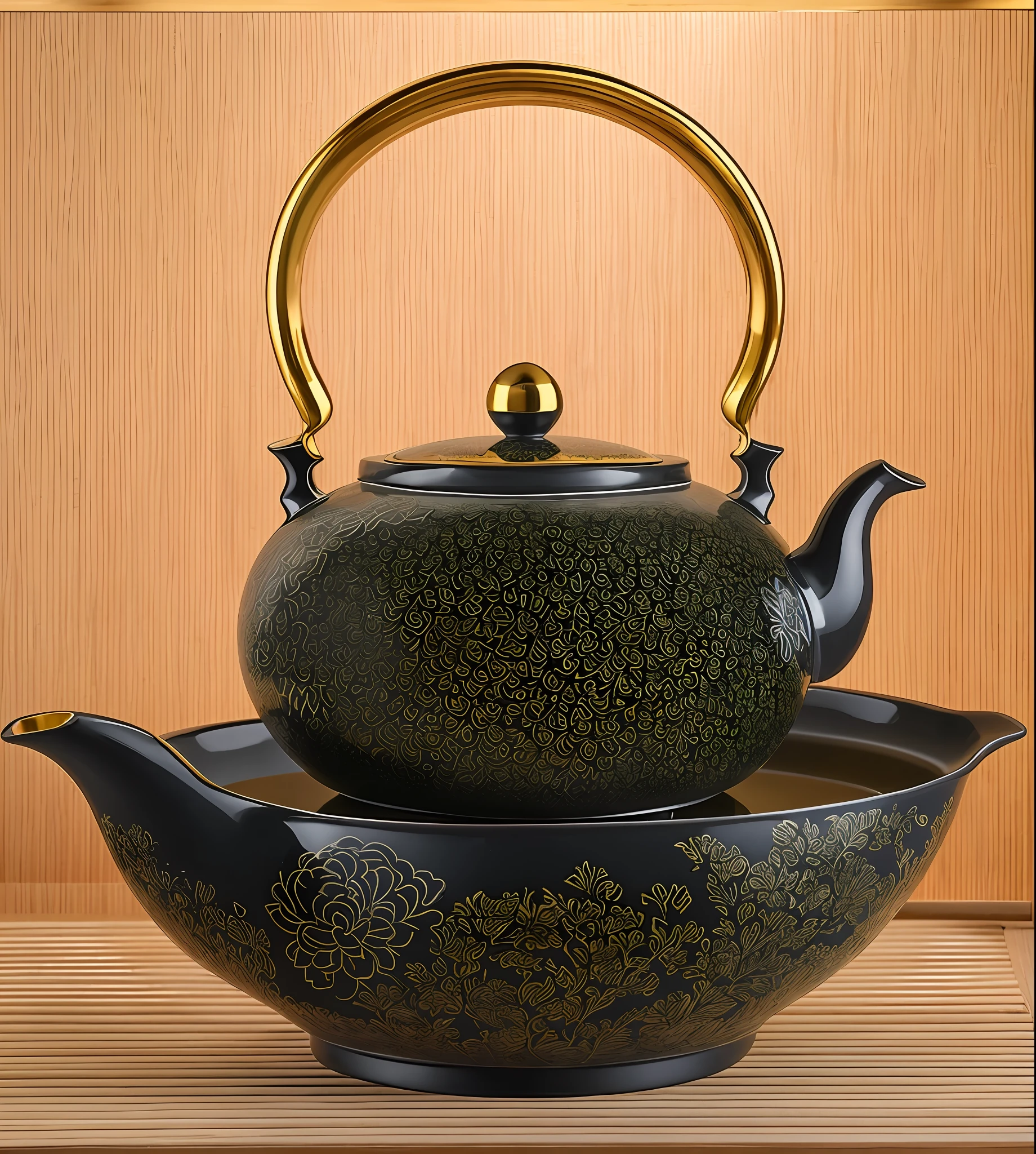 On the bowl is a teapot inspired by Sesshū Tōyō, kettle, large black kettle on the hearth, teapot, teapot, teapot, gorgeous porcelain tea set, teapot: 1, inspired by Renzheng Doben, inspired by Emperor Xuande, glazed ceramics, smooth surface