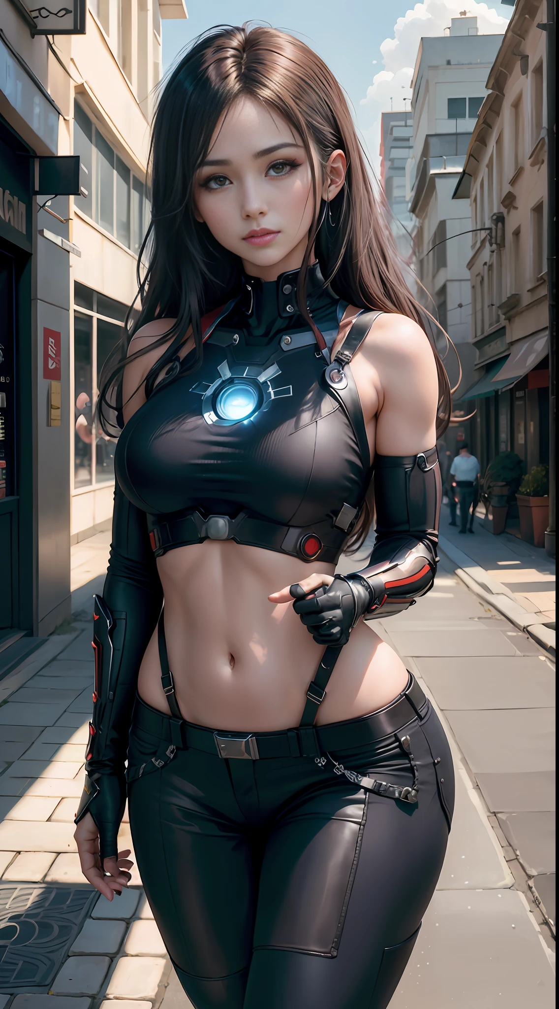 Tifa as Iron Man, bustling city, (inspired by the Avengers), long black hair, Iron Man suit, mecha pants full coverage, safety rating, (8k, foto RAW, fotorrealista: 1, 25), (muito brilho labial, muitos cílios, melhor qualidade, ultra alta resolução, profundidade de campo , Aberração Cromática, Luz Ampla, Cor Natural, distant images (1:2)