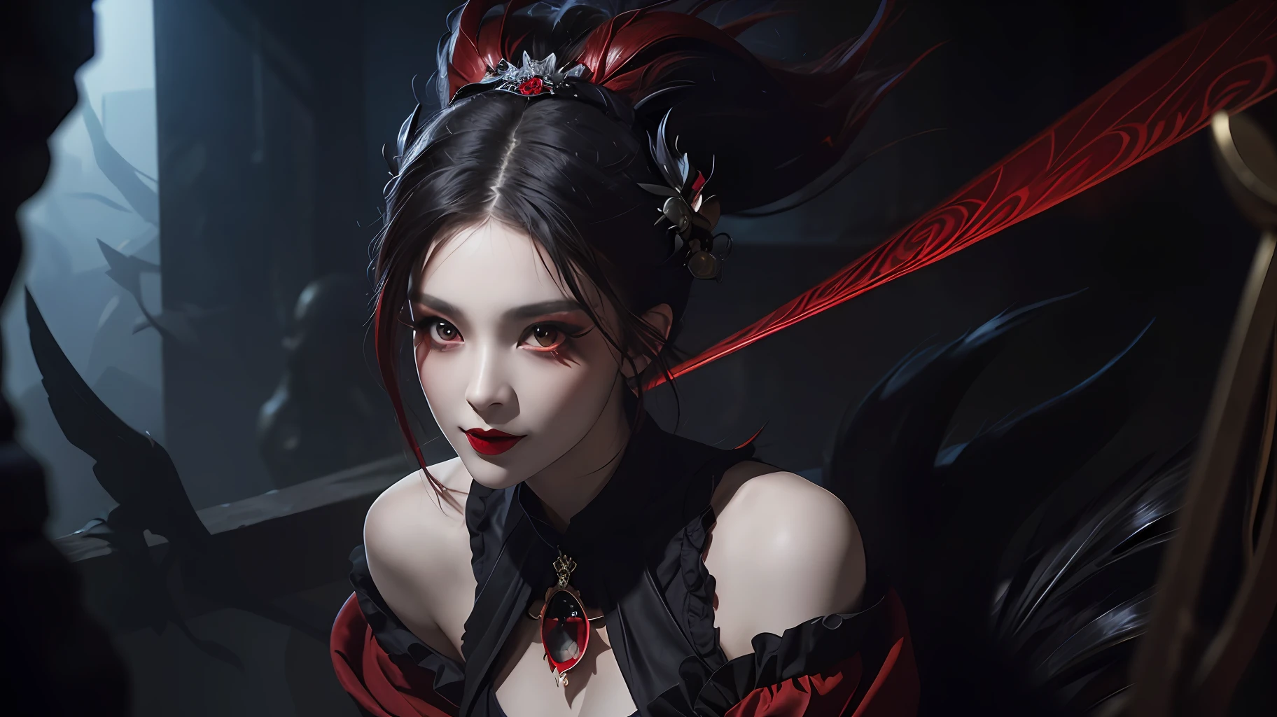 1 beautiful devil woman from hell, In the Dark: 1.6), surreal female portrait by David Hockney and Alphonse Mucha, fantasy art, korea doll, photorealism, dynamic lighting, artstation, poster, volumetric lighting, very detailed faces, 8k ultra, Awarded, in the dark, deep shadow, low key, cowboy lens, (Red phoenix dress: 1.4), long hair, black hair, bust, luxurious palace, Royal style, devil crown, red eyes make up very sharp and detailed, The most beautiful face, The breasts are very big and round and round, Super realistic, chinese women's clothing, polo neck sweater, Charming smile, The eyes are very well made up, guweiz, devil style, wearing black mesh socks, Ponytail with a bow tied at the back of the hair, Red black lips, Devil tattoo on shoulder, wearing a thin red and black robe, the landscape is overcast and thunderous, (Portrait), Close-up of the main character, (Background details 1.8),