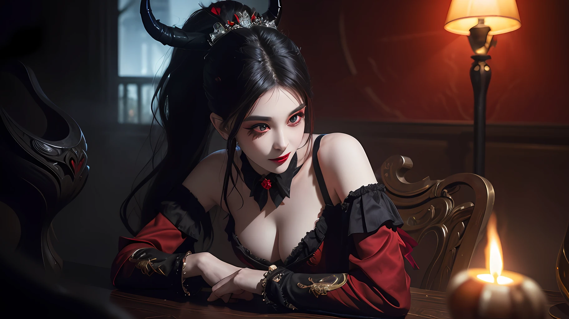 1 beautiful devil woman from hell, In the Dark: 1.6), surreal female portrait by David Hockney and Alphonse Mucha, fantasy art, korea doll, photorealism, dynamic lighting, artstation, poster, volumetric lighting, very detailed faces, 8k ultra, Awarded, in the dark, deep shadow, low key, cowboy lens, (Red phoenix dress: 1.4), long hair, black hair, bust, luxurious palace, Royal style, devil crown, red eyes make up very sharp and detailed, The most beautiful face, The breasts are very big and round and round, Super realistic, chinese women's clothing, polo neck sweater, Charming smile, The eyes are very well made up, guweiz, devil style, wearing black mesh socks, Ponytail with a bow tied at the back of the hair, Red black lips, Devil tattoo on shoulder, wearing a thin red and black robe, the landscape is overcast and thunderous, (Portrait), Close-up of the main character, (Background details 1.8),