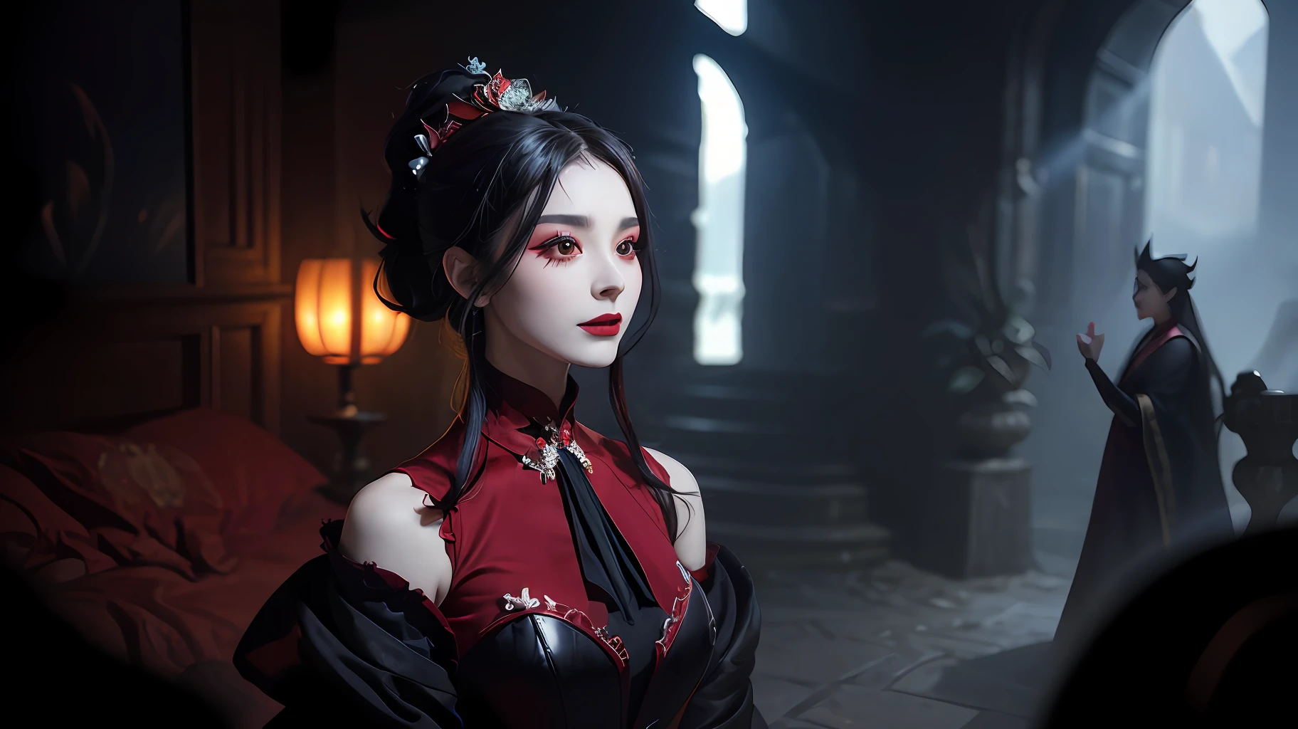 1 beautiful devil woman from hell, In the Dark: 1.6), surreal female portrait by David Hockney and Alphonse Mucha, fantasy art, korea doll, photorealism, dynamic lighting, artstation, poster, volumetric lighting, very detailed faces, 8k ultra, Awarded, in the dark, deep shadow, low key, cowboy lens, (Red phoenix dress: 1.4), long hair, black hair, bust, luxurious palace, Royal style, devil crown, red eyes make up very sharp and detailed, The most beautiful face, The breasts are very big and round and round, Super realistic, chinese women's clothing, polo neck sweater, Charming smile, The eyes are very well made up, guweiz, devil style, wearing black mesh socks, Ponytail with a bow tied at the back of the hair, Red black lips, Devil tattoo on shoulder, wearing a thin red and black robe, the landscape is overcast and thunderous, (Portrait), Close-up of the main character, (Background details 1.8),