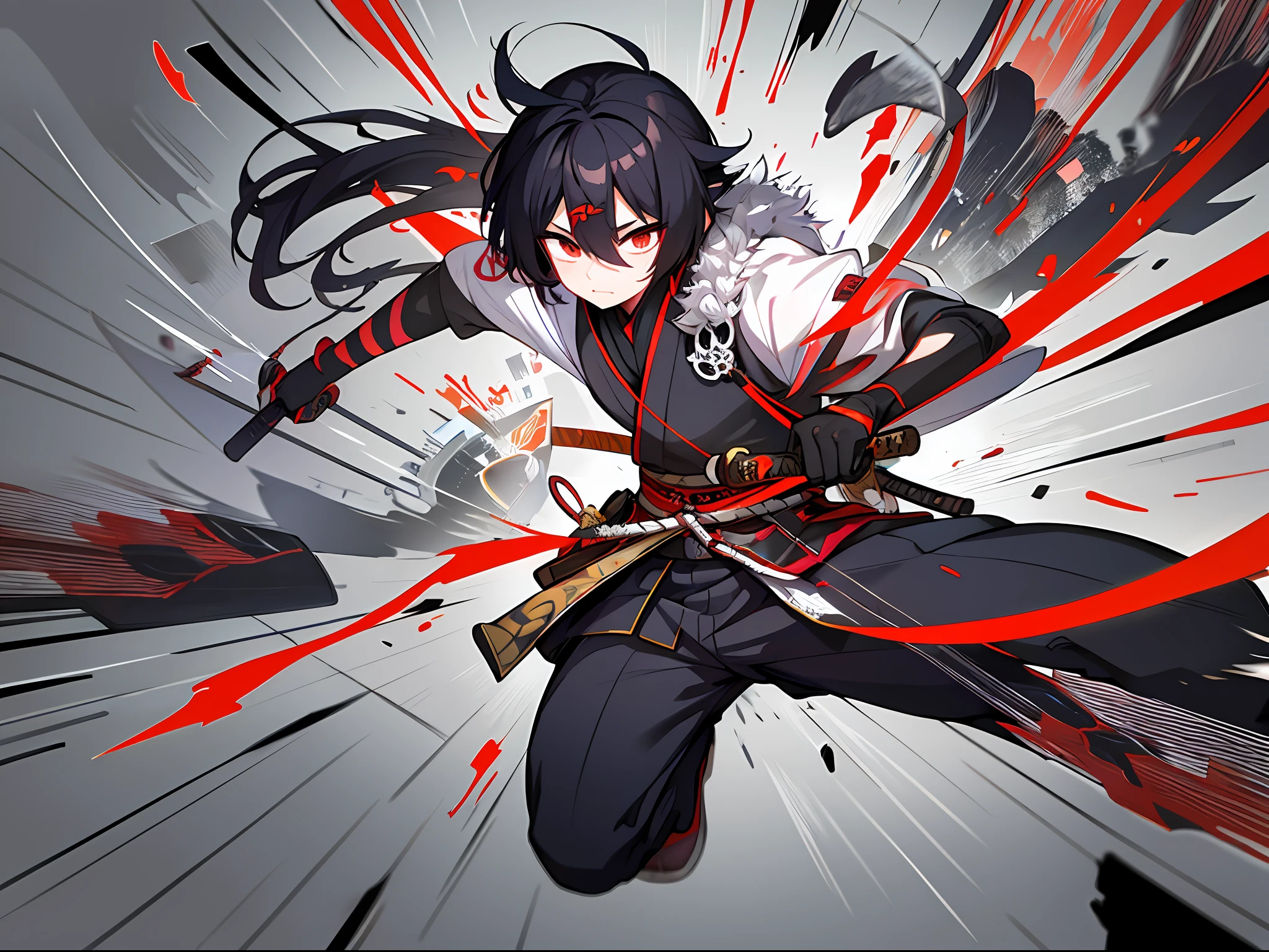 Katana, katana swipe trail, random katana trail, slash trail, afterimage swing katana, motion blur katana, broken glass image visual effect, black and red, cool, masterpiece, absurdres