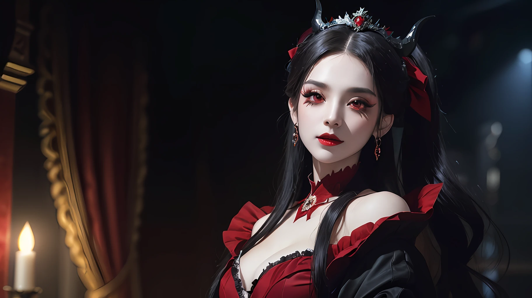 1 beautiful devil woman from hell, In the Dark: 1.6), surreal female portrait by David Hockney and Alphonse Mucha, fantasy art, korea doll, photorealism, dynamic lighting, artstation, poster, volumetric lighting, very detailed faces, 8k ultra, Awarded, in the dark, deep shadow, low key, cowboy lens, (Red phoenix dress: 1.4), long hair, black hair, bust, luxurious palace, Royal style, devil  crown, red eyes make up very sharp and detailed, The most beautiful face, The breasts are very big and round and round, Super realistic, chinese women's clothing, polo neck sweater, Charming smile, The eyes are very well made up, guweiz, devil style, wearing black mesh socks, Ponytail with a bow tied at the back of the hair, Red black lips, Devil tattoo on shoulder, wearing a thin red and black robe, the landscape is overcast and thunderous, (Portrait), Close-up of the main character, (Background details 1.8),