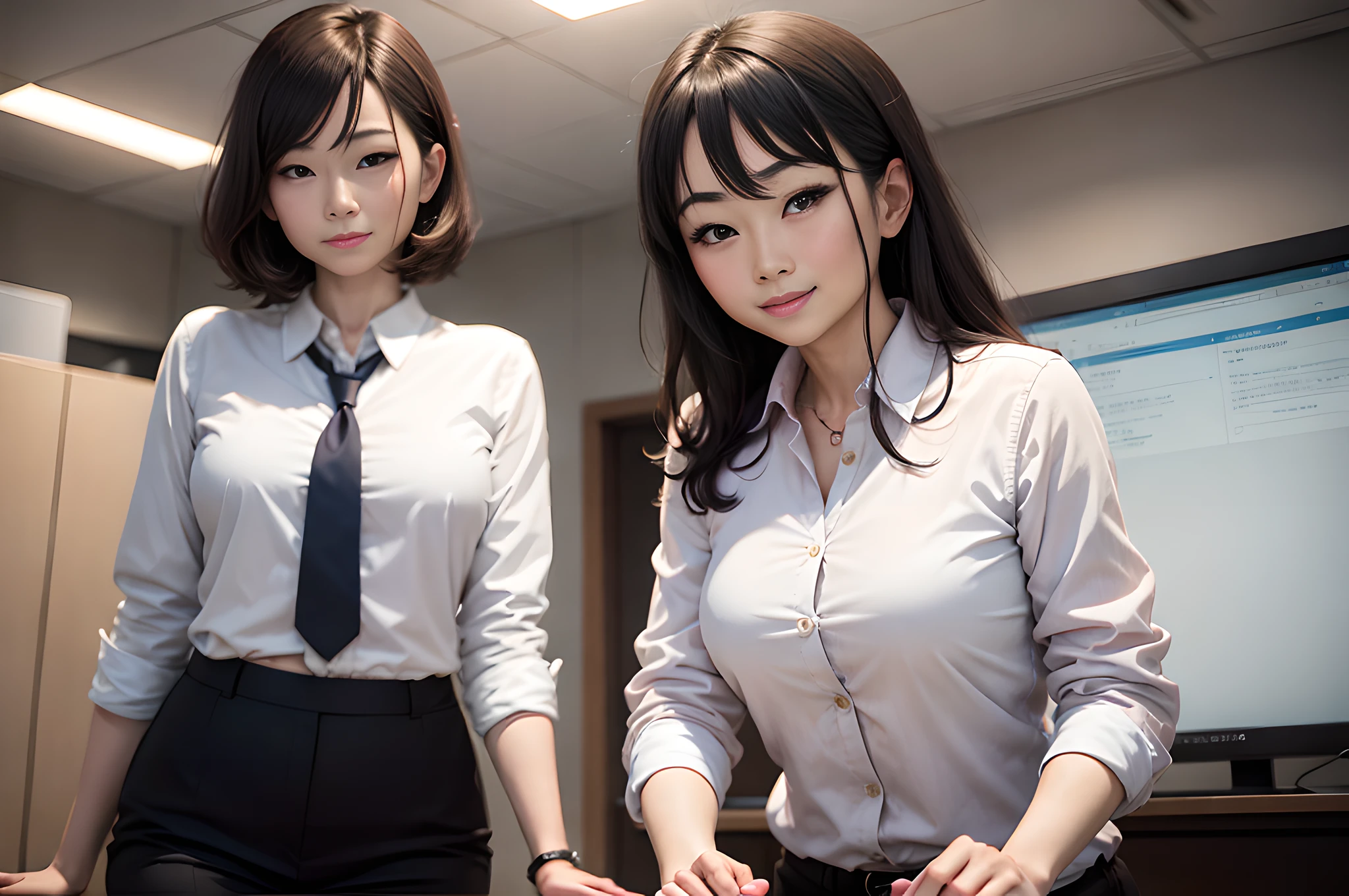 They are two people in the room, one is a woman and the other is a man, in the office, high definition, Ikuo Hirayama, Yoshitomo Nara, on the desk, Tadashi Nakayama, smiling, beautiful face,