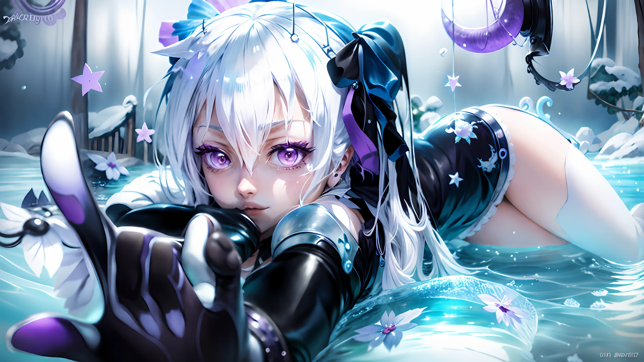 Anime girl with white hair and purple eyes, screenshot of Black Clover, anime character, female anime character, Best Anime Character Design, as an anime character, water armor, looking at the camera, lying down, Noelle Silva, Black Clover anime.