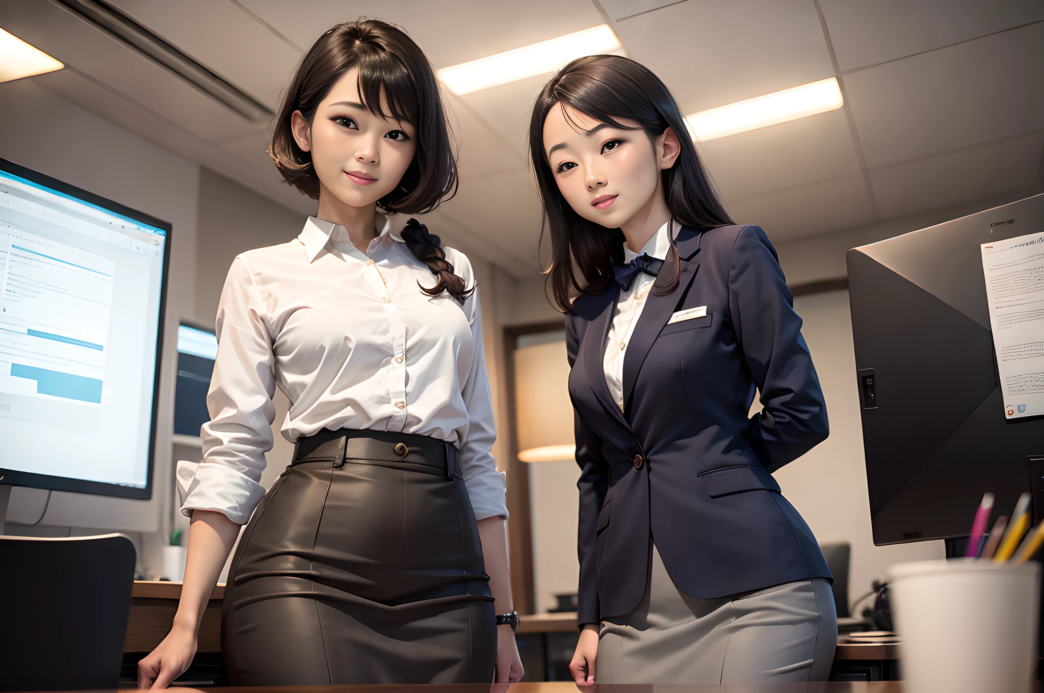 They are two people in the room, one is a woman and the other is a man, in the office, high definition, Ikuo Hirayama, Yoshitomo Nara, on the desk, Tadashi Nakayama, smiling, beautiful face,