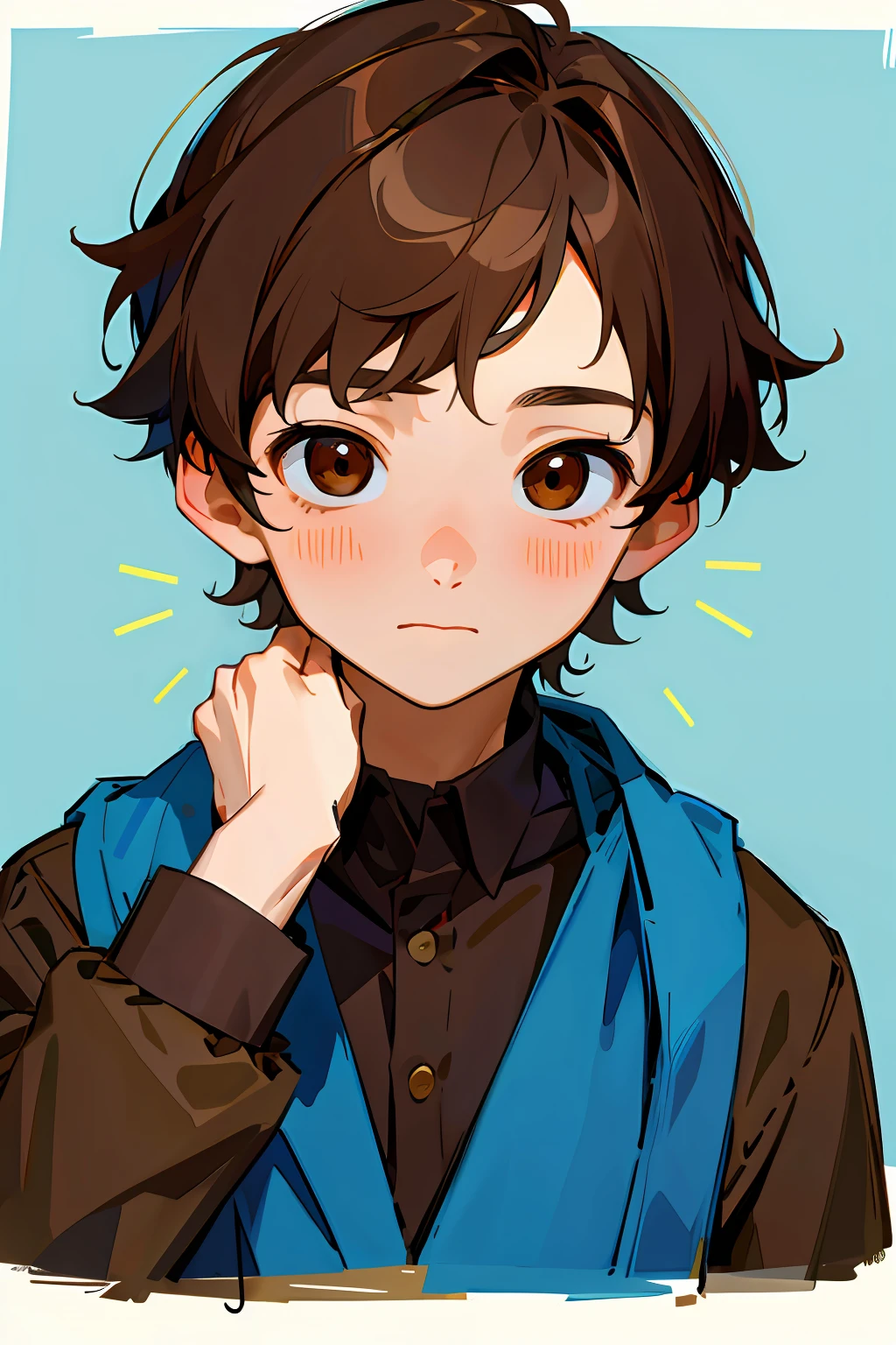 (masterpiece, best quality), 1 boy, ???, brown hair, brown eyes, blue clothes, portrait, shy