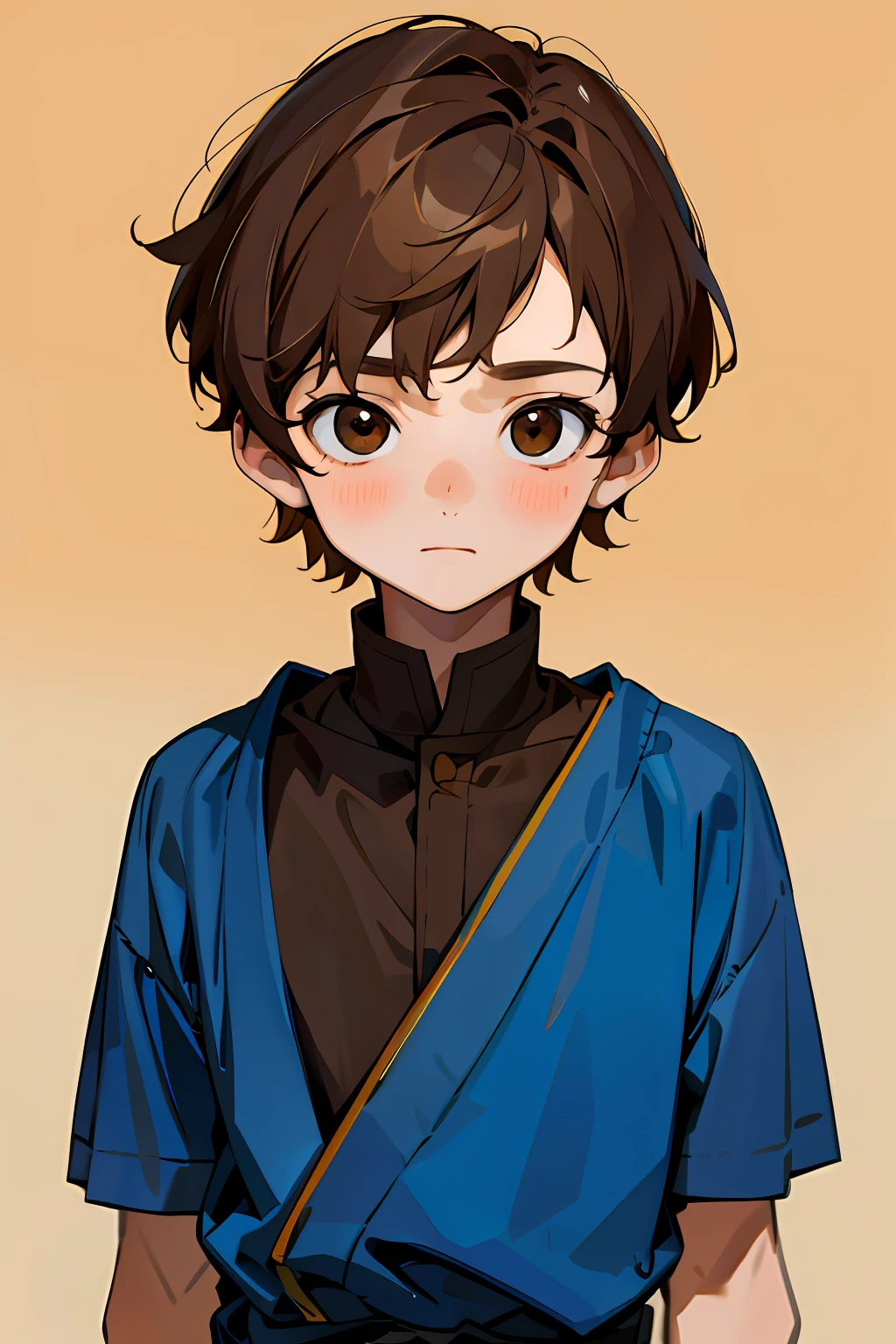 (masterpiece, best quality), 1 boy, ???, brown hair, brown eyes, blue clothes, portrait, shy