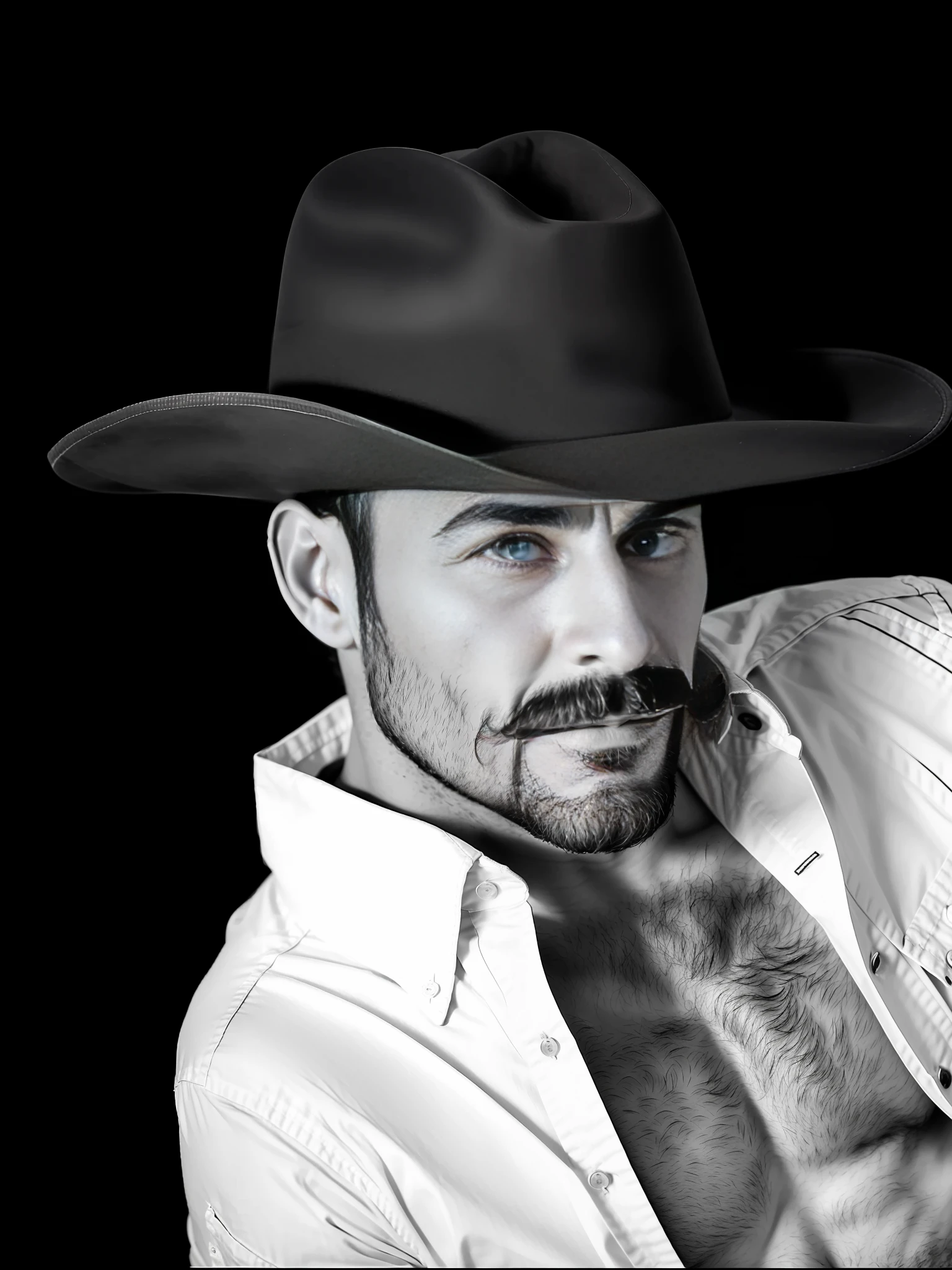 Arafed bearded man with hat and shirt, cowboy with shaved beard, male cowboy portrait, cowboy, muscle man portrait, cowboy portrait, symmetry! Portrait of a Cowboy, Portrait of a Cowboy, Thick, Masculine and Robust Mustache, Handlebar Mustache, Tom Finlandia, Goatee, Promotional Image, Finnish Style Tom, Muscular Man, Defined Pecs, Unbuttoned Denim Shirt, Black and White Photography, Defined Features