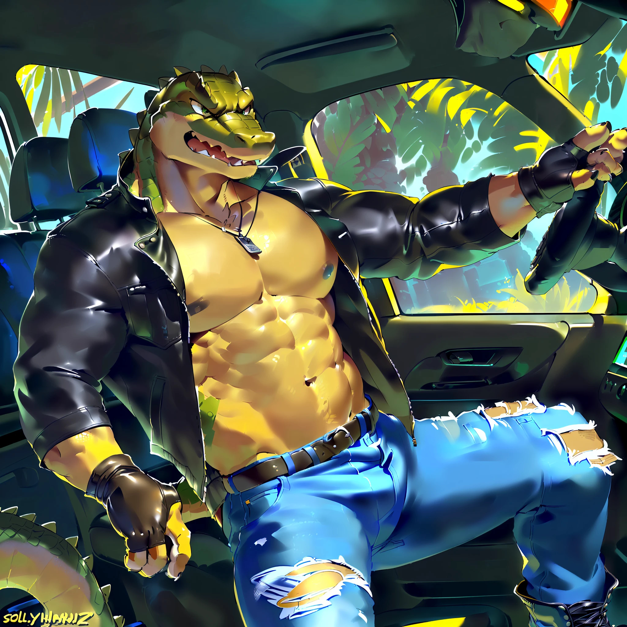 (masterpiece, best quality, high quality, highres:1.4), detailed, extremely detailed, ambient soft lighting, 4K, by (by Pino Daeni, (by ruaidri), yupa, kiyosan,(by meesh), (by sollyz) (by fffffolder)), (cuban crocodile: ( hunk, athletic, crocodile, yellow body, scales, athletic muscle, anthro legs, (crocodile feet) (((solo))), green eyes, (detailed eyes), crocodile tail, bare_shoulders , (((angry_face))), (clothing, (topwear: (open jacket), handwear:(gloves: fingerless), bottomwear:(jeans:black, leather boots))),standing) tag:1boy)) ,(((night))), (((inside car)))