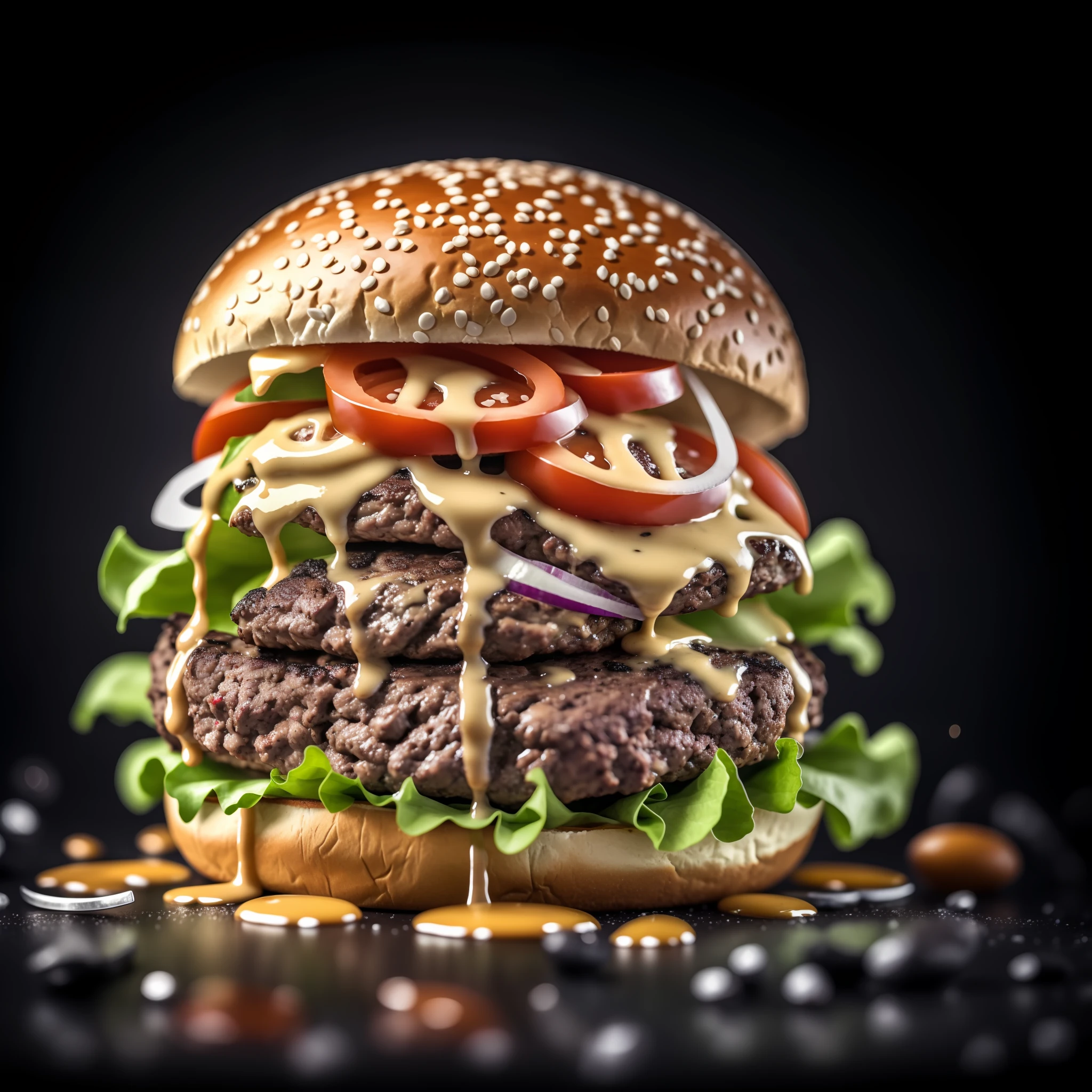 delicious, big, yummy beef burger, on top of a porcelain countertop and black background, full hd, cinematic, with professional lighting