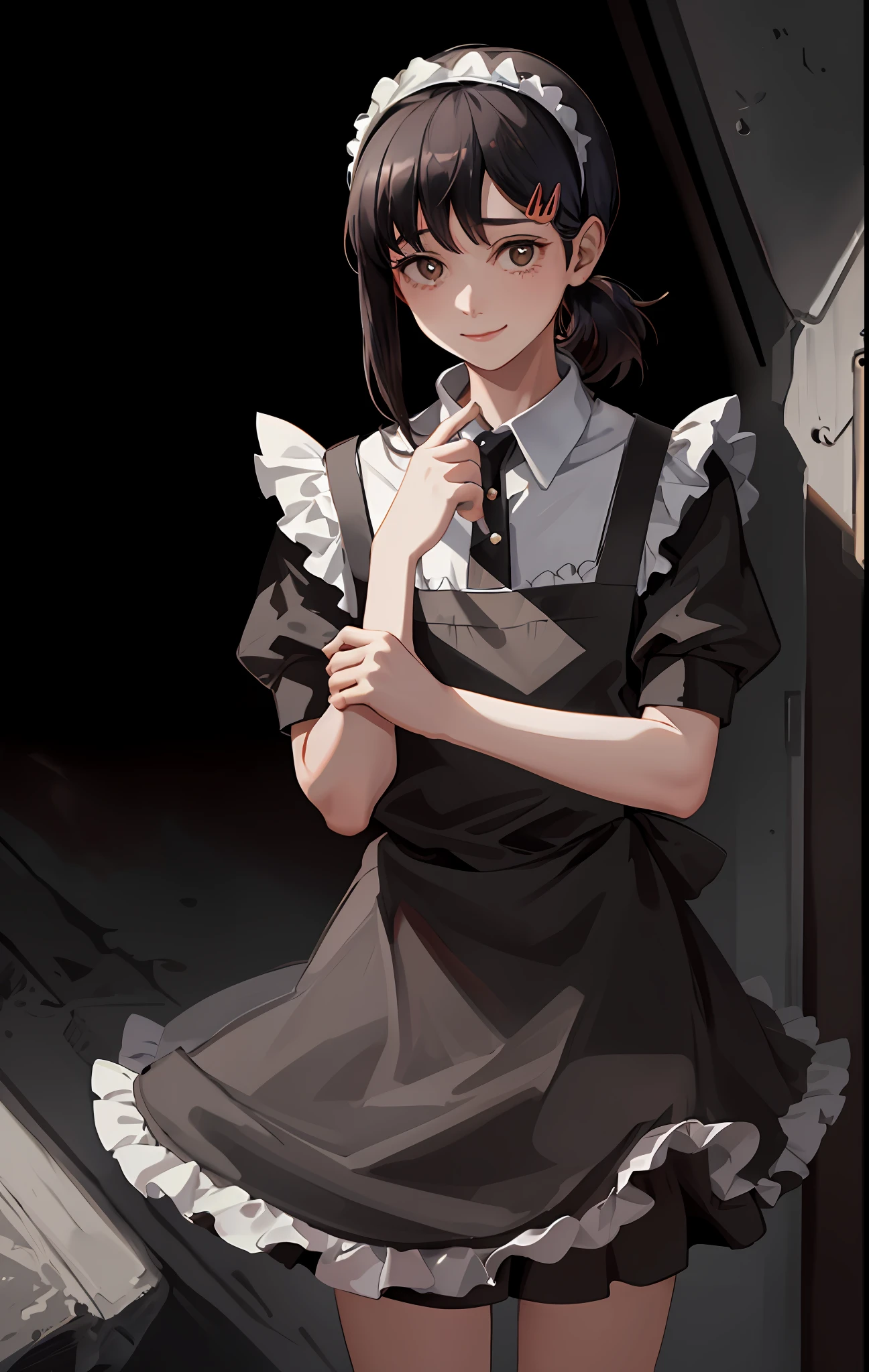 Masterpiece, Best Quality, High Quality, High Resolution, Masterpiece* Portrait, 1girl, Solo, Maid, Maid Tiara, Maid Apron, Smile, Silver Hair, [Silver | Black] Eyes, Full Body, Hands Down, Frills, Many Frills side,