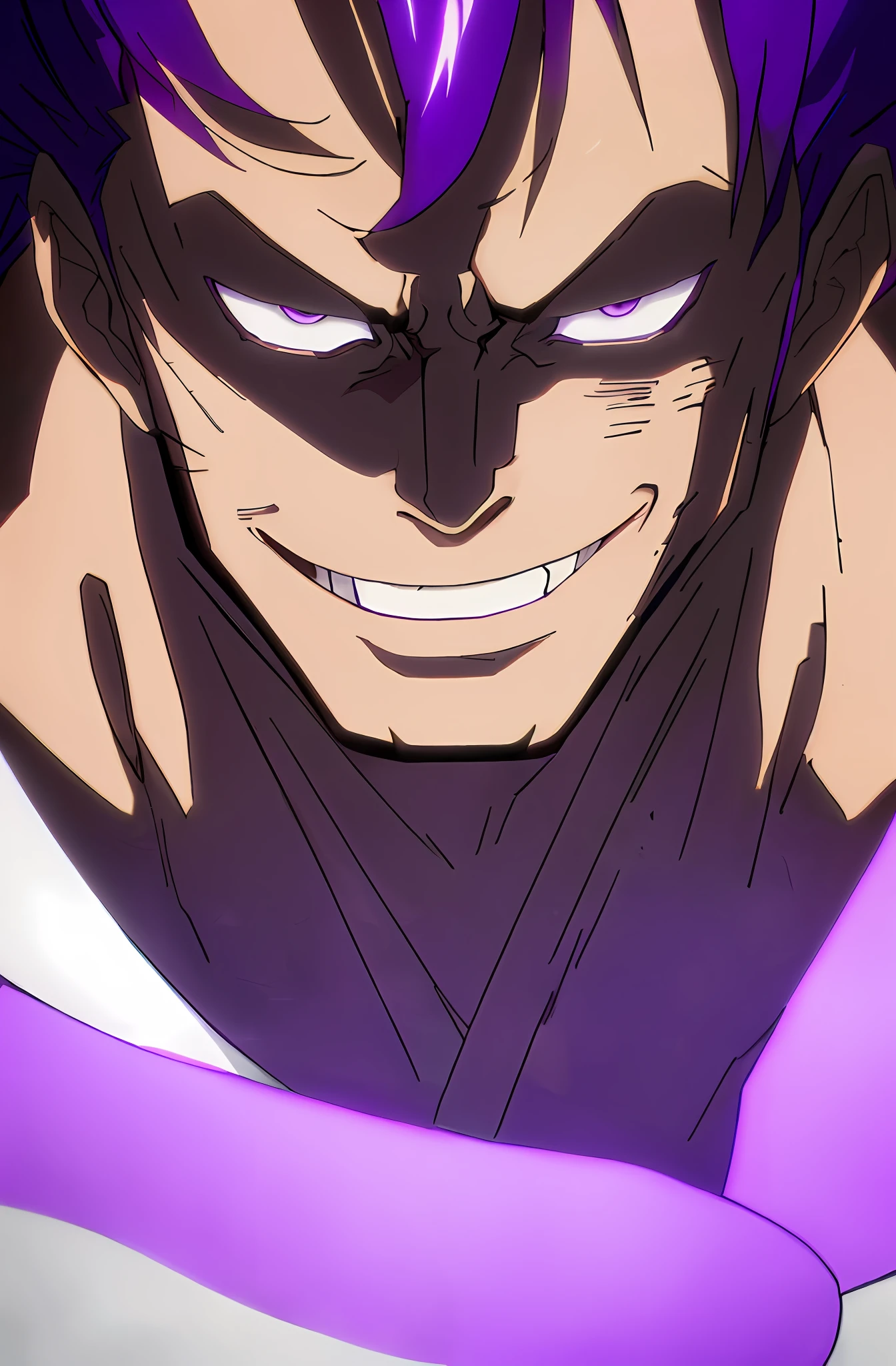 anime character with purple hair and purple eyes and a smile, evil villain grin, symmetry!! portrait of akuma, evil grin, highly detailed angry anime face, roguish smirk, closeup!!, close-up!!!!!, kentaro miura!, big evil grin, nefarious smirk, wide evil grin, joker looks like naruto, badass anime 8 k