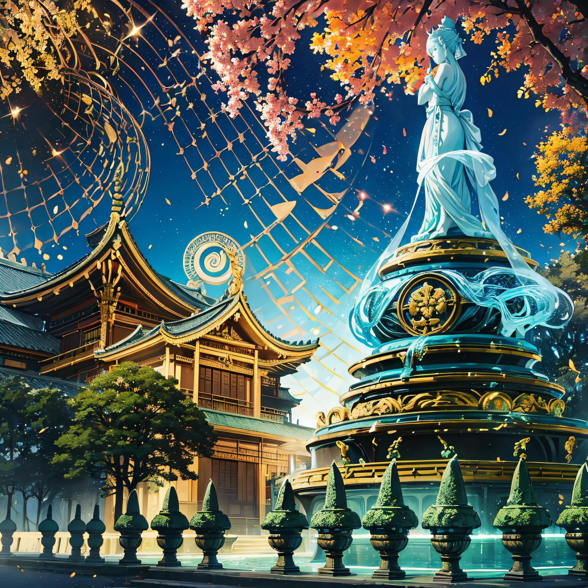 Picture yourself in the enchanting city of Nara, Japan, where history and mythology converge. Amidst a mystical landscape, a magnificent Great Buddha statue rises in all its grandeur. This monumental masterpiece, crafted from gleaming bronze, stands as a testament to the skill and artistry of ancient craftsmen.
The statue is nestled within the serene precincts of a sacred temple, surrounded by a serene forest of towering ancient trees. Rays of golden sunlight filter through the lush foliage, casting a soft, ethereal glow on the tranquil setting. The air is filled with the subtle fragrance of incense, carrying prayers and wishes to the heavens.
As you approach the Great Buddha, you notice a gentle mist rising from a nearby mystical pond. The water shimmers with an otherworldly luminescence, reflecting the statue's majestic form and the surrounding nature. Colorful koi fish swim gracefully beneath the water's surface, their vibrant scales glistening in the sunlight.
In the distance, a chorus of birdsong fills the air, harmonizing with the distant sound of temple bells. Their melodic notes seem to carry the echoes of centuries past, evoking a sense of timelessness and spiritual reverence.
As twilight descends, the sky transforms into a breathtaking tapestry of stars. The celestial canopy illuminates the Great Buddha with a celestial radiance, casting an ethereal aura around the statue. The scene becomes a portal to a realm where history, mythology, and the divine intertwine.
This fantastical backdrop in Nara conjures a sense of wonder, inviting visitors to immerse themselves in the spiritual aura of the Great Buddha and experience the mystical ambiance of this ancient capital. --auto --s2