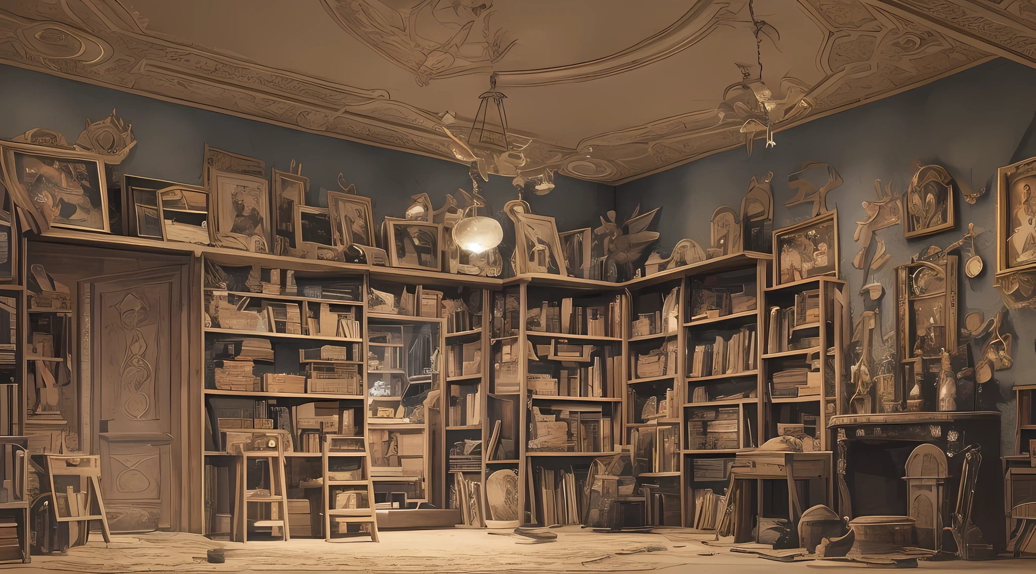 Stage by M. Gaber show against a vast horizontal horizon (cold and deep night), old children's toy store and workshop with all its interior details, machines, (lots of small toys), deep atmospheric dust, cinematic lighting, masterpiece, detailed 3D animation, high detail , high resolution, best quality, 16 karat, rich colors with extreme realism, the philosophy of writer Agatha Christie (It's Cold) artistic comedy, cold, dark, fear of the outside, safety and comfort in the room, the mystery of time and space, signed by M. Gaber