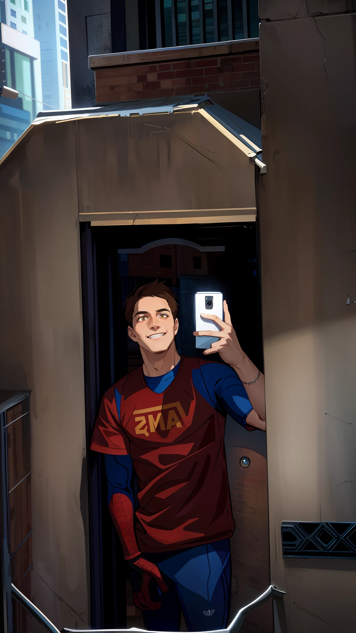 spider suit, spider web print, spider web, spider-man
Masterpiece, absurdres, fine detail, HDR, ((highly detailed face and eyes)), photorealistic,
focus on eyes,
standing on the roof of a skyscrapper, ((unmasked)), looking at viewer, smiling,  short brown hair, 
new york buildings background,