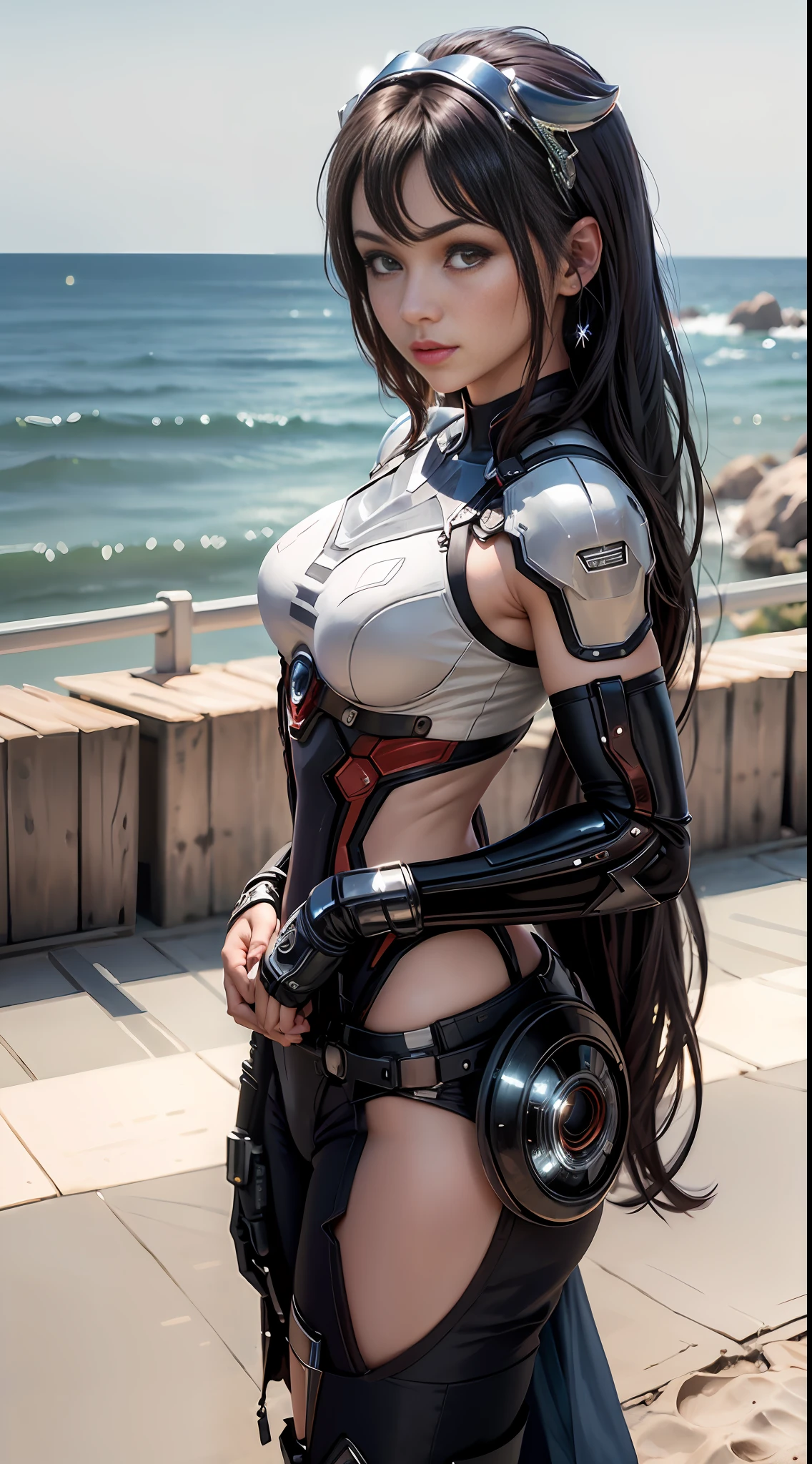 Tifa as Iron Man, Beach, (inspired by Mass Effect), long black hair, Iron Man suit, mech pants full coverage, safety rating, (8k, foto RAW, fotorrealista: 1, 25), (muito brilho labial, muitos cílios, melhor qualidade, ultra alta resolução, profundidade de campo, Aberração cromática, luz ampla, cor natural, distant image (1:2)