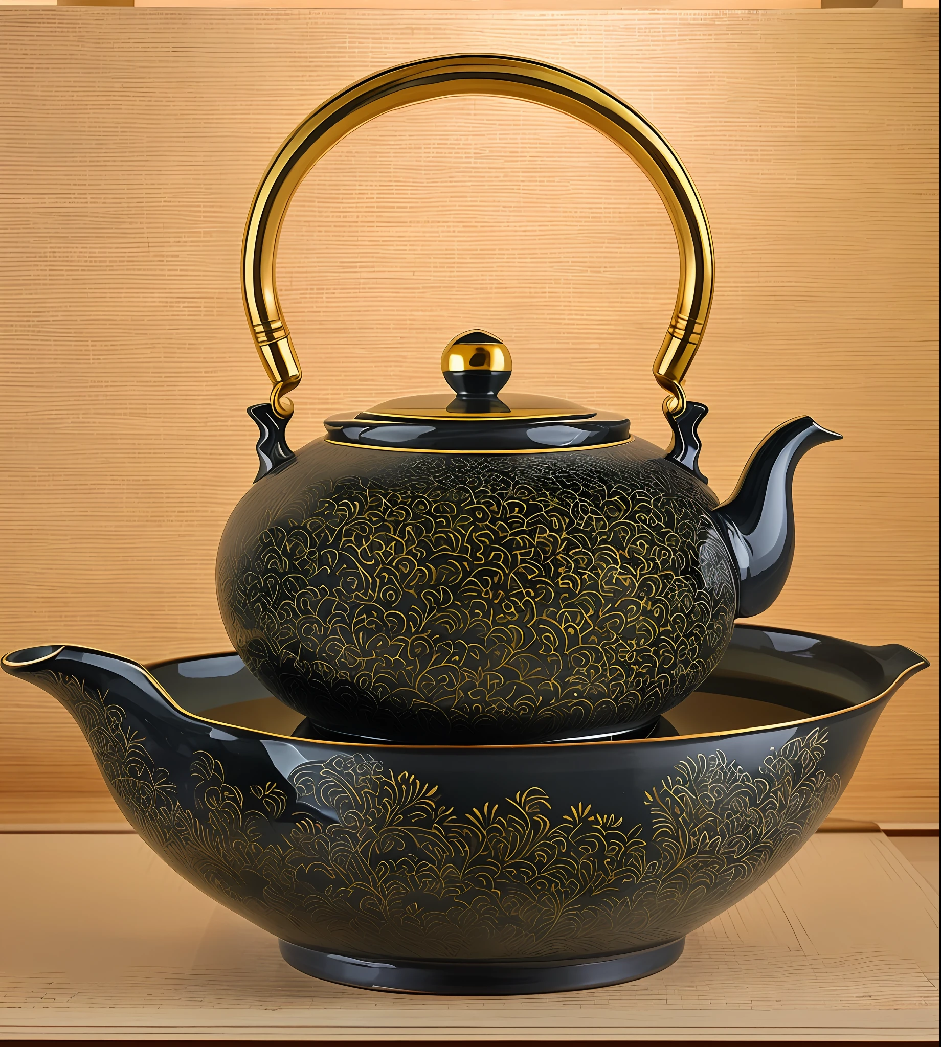 On the bowl is a teapot, inspired by Sesshū Tōyō, kettle, large black kettle on the hearth, teapot, teapot, teapot, gorgeous porcelain tea set, teapot: 1, inspired by Renzheng Doben, inspired by Emperor Xuande, smooth glazed ceramics, ceramics, without any pattern