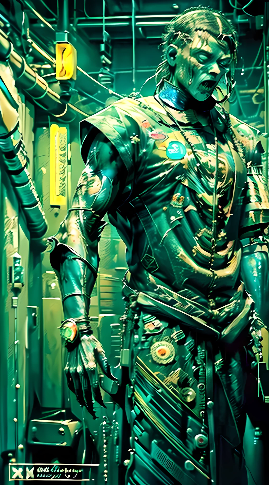 ((Masterpiece), (Best Quality), Ultra High Resolution, Extraordinary Detail, Dramatic Lighting, High Resolution, 8K, Absurd, 1 Clear Zombie Boy, Neon Light, Cyberpunk, Mecha