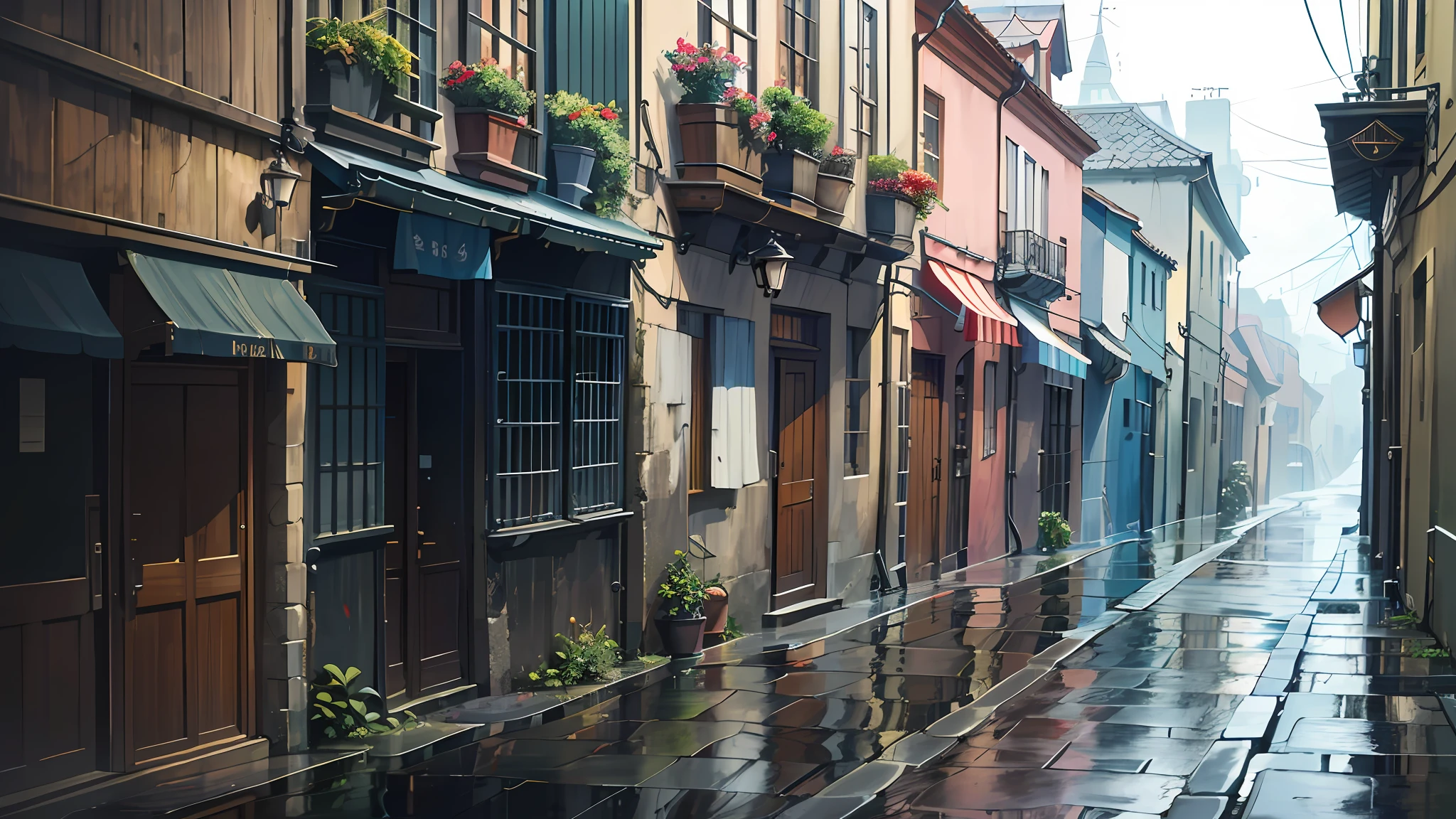 Narrow street, houses on the sides, rainy weather, bicycle leaning against a wall, poles, walls, street with puddles of water, masterpieces, HD, high quality, best quality, highres, high quality, high details, masterpiece, anime style