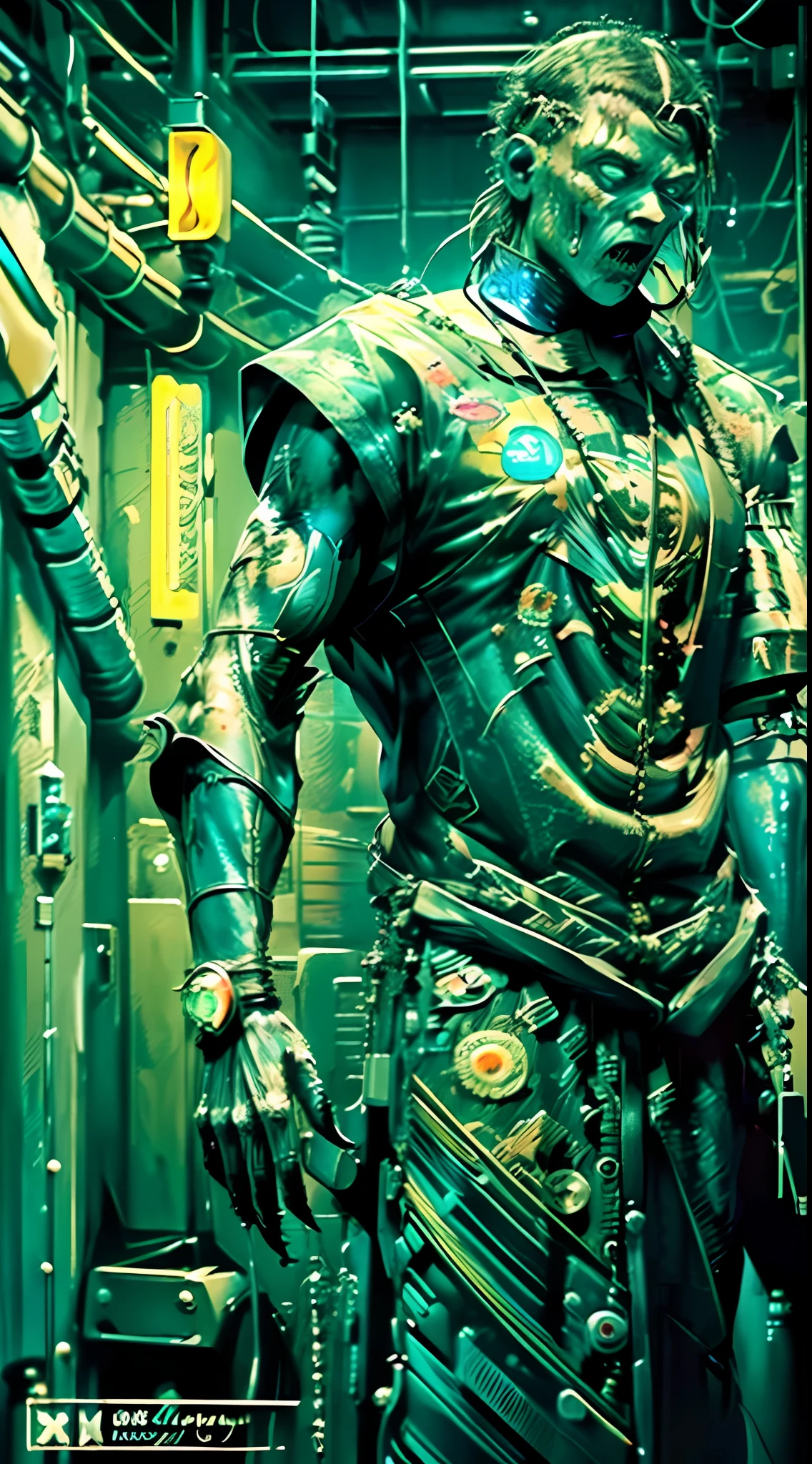 ((Masterpiece), (Best Quality), Ultra High Resolution, Extraordinary Detail, Dramatic Lighting, High Resolution, 8K, Absurd, 1 Clear Zombie Boy, Neon Light, Cyberpunk, Mecha