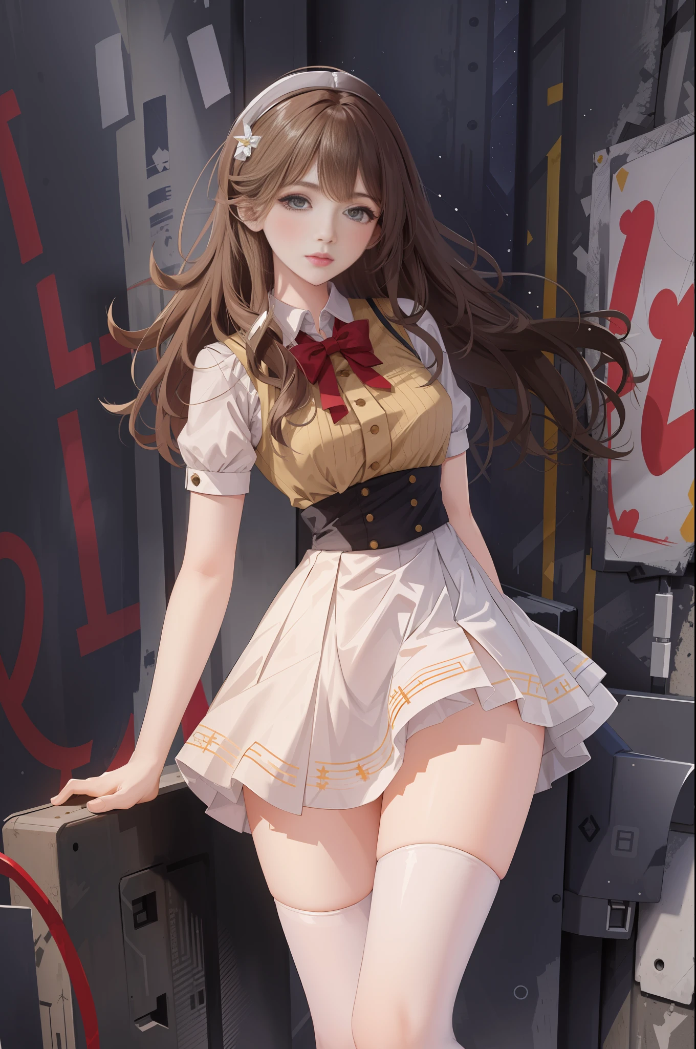 (Best quality, masterpiece: 1.1), (True: 1.4), 1girl, portrait, (corneo_dva), short white dress, stockings, wide hips, thin waist, long legs
