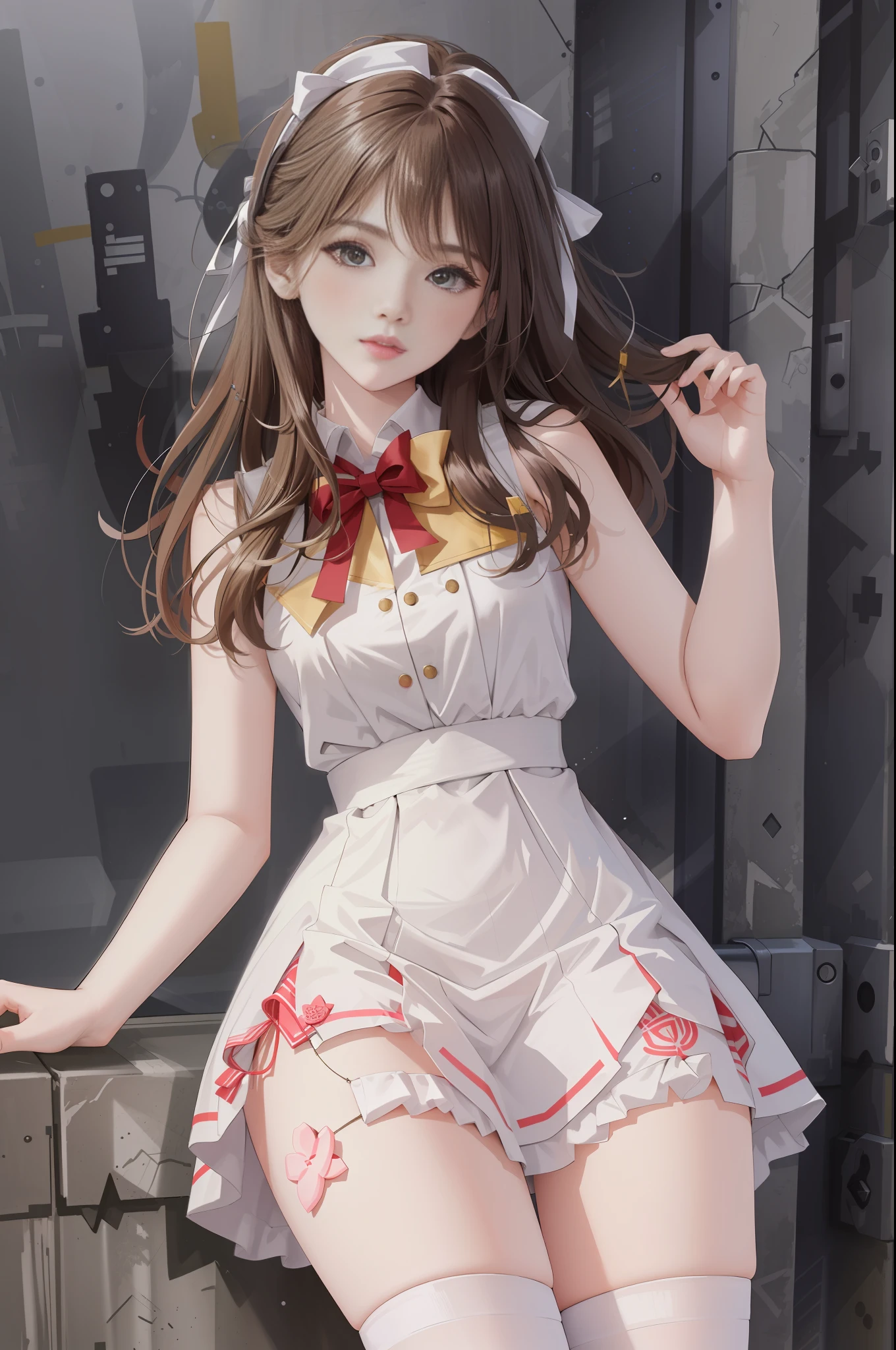 (Best quality, masterpiece: 1.1), (True: 1.4), 1girl, portrait, (corneo_dva), white dress short dress, stockings