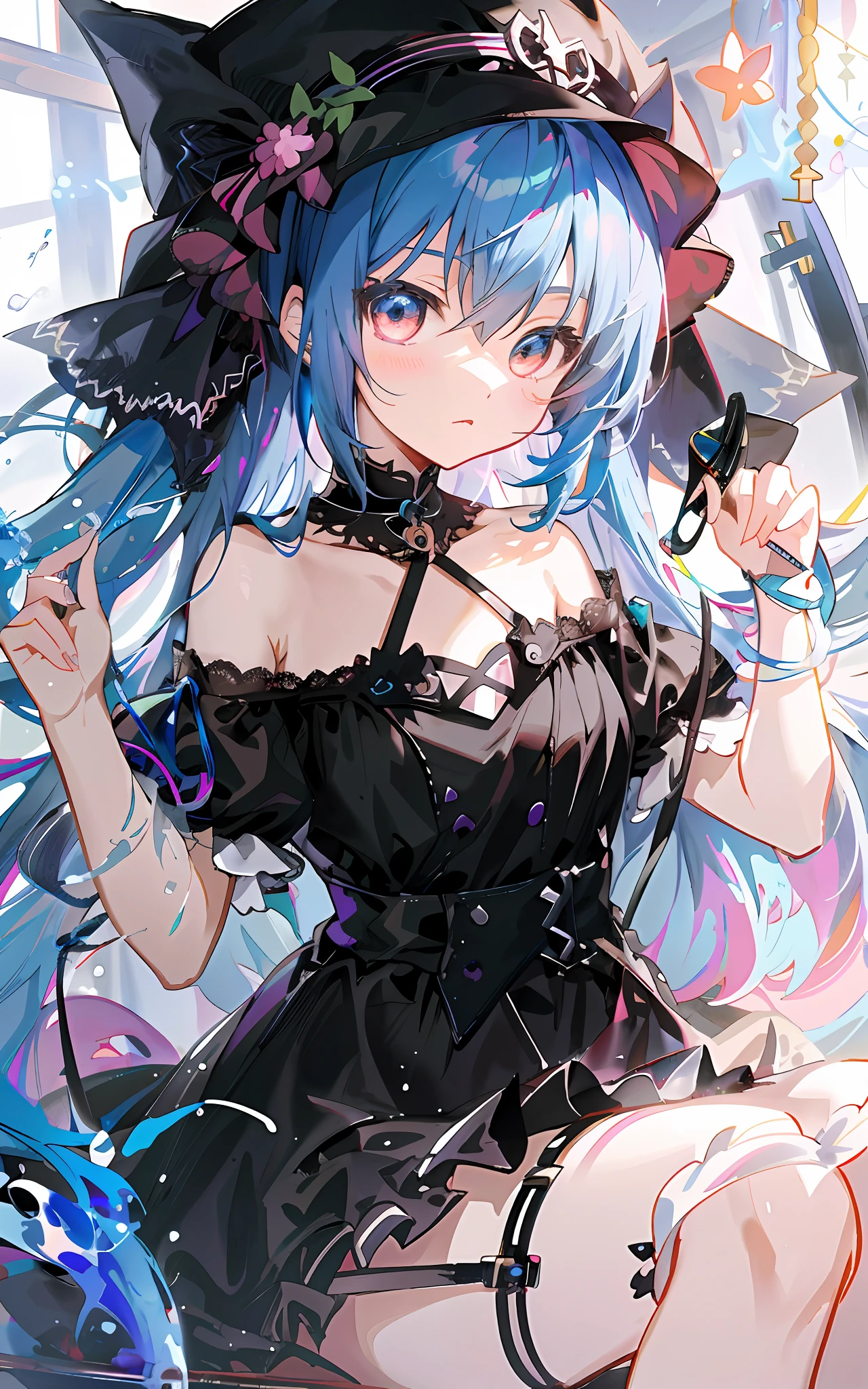 anime girl with blue hair and black dress holding a glass, anime moe artstyle, loli in dress, detailed key anime art, trending on artstation pixiv, zerochan art, digital art on pixiv, high detailed official artwork, official artwork, nightcore, anime style 4 k, detailed digital anime art, splash art anime loli