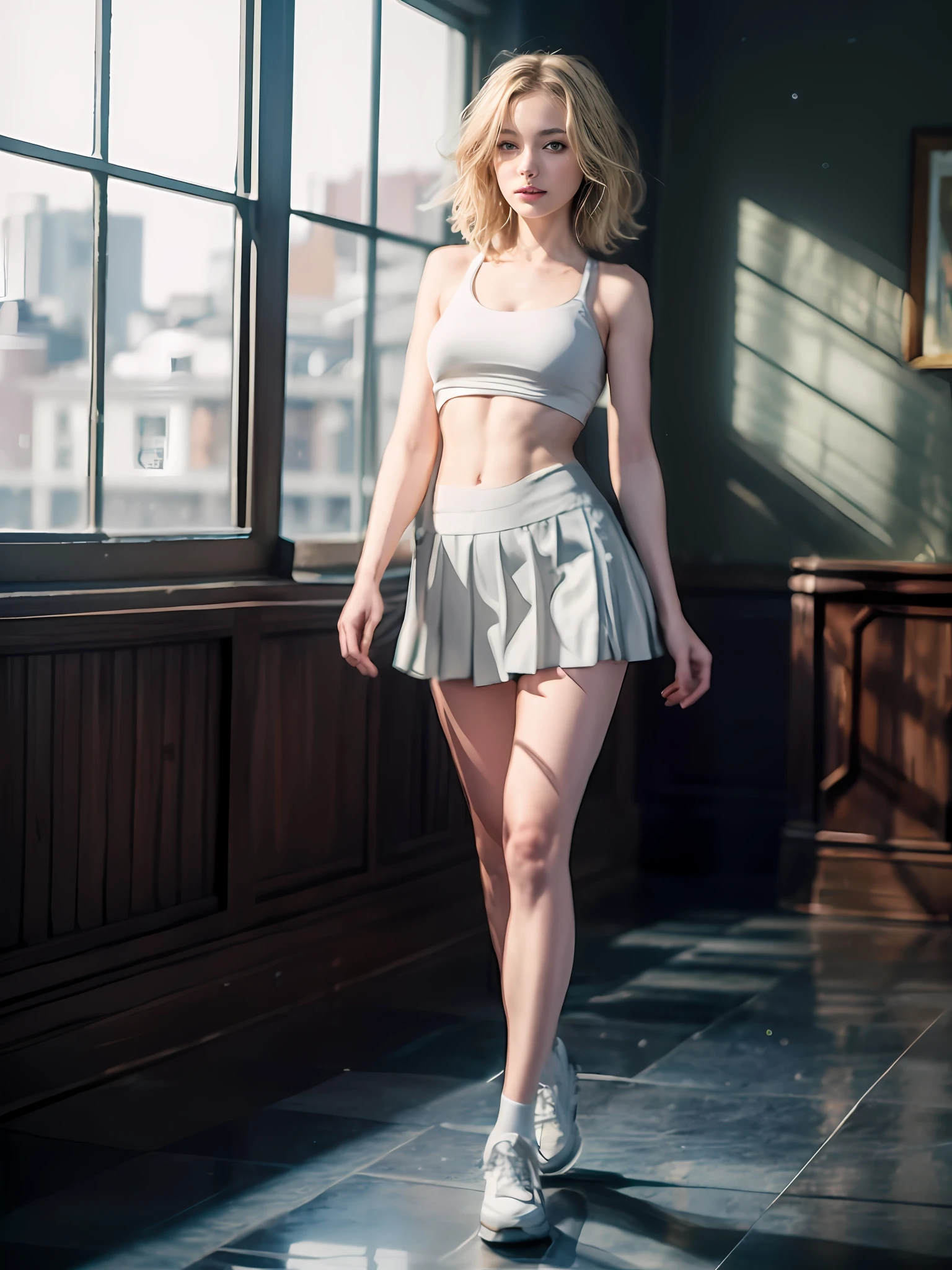 1girl, tall, (abs: 0.2), pretty, skinny:1.5, masterpiece, highres, (long legs, uniform legs, skinny legs, skinny waist: 1.5), (pale skin, fair skin: 2), sports bra, yellow miniskirt, slightly smilingcinematic lighting, global lighting, standing, blonde hair, looking at viewer