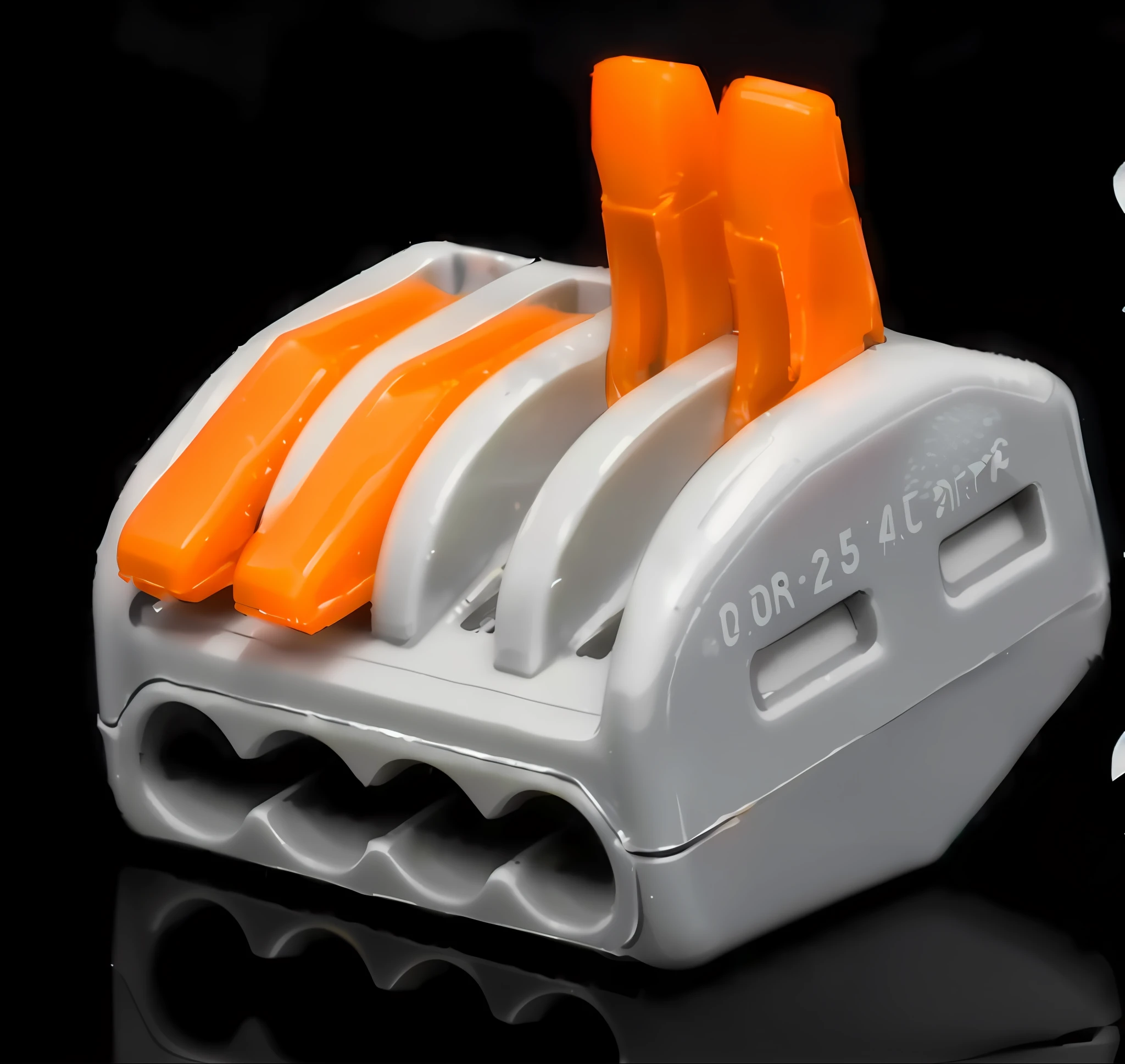 there are four orange and white plastic knives in a holder, connector, against dark background, cable wire implants, satisfying cable management, electrical appendages, closeup photograph, on a gray background, miniature product photo, multi-part, wire management, white and orange, official product photo, detailed product image, gray and orange colours, close-up product photo