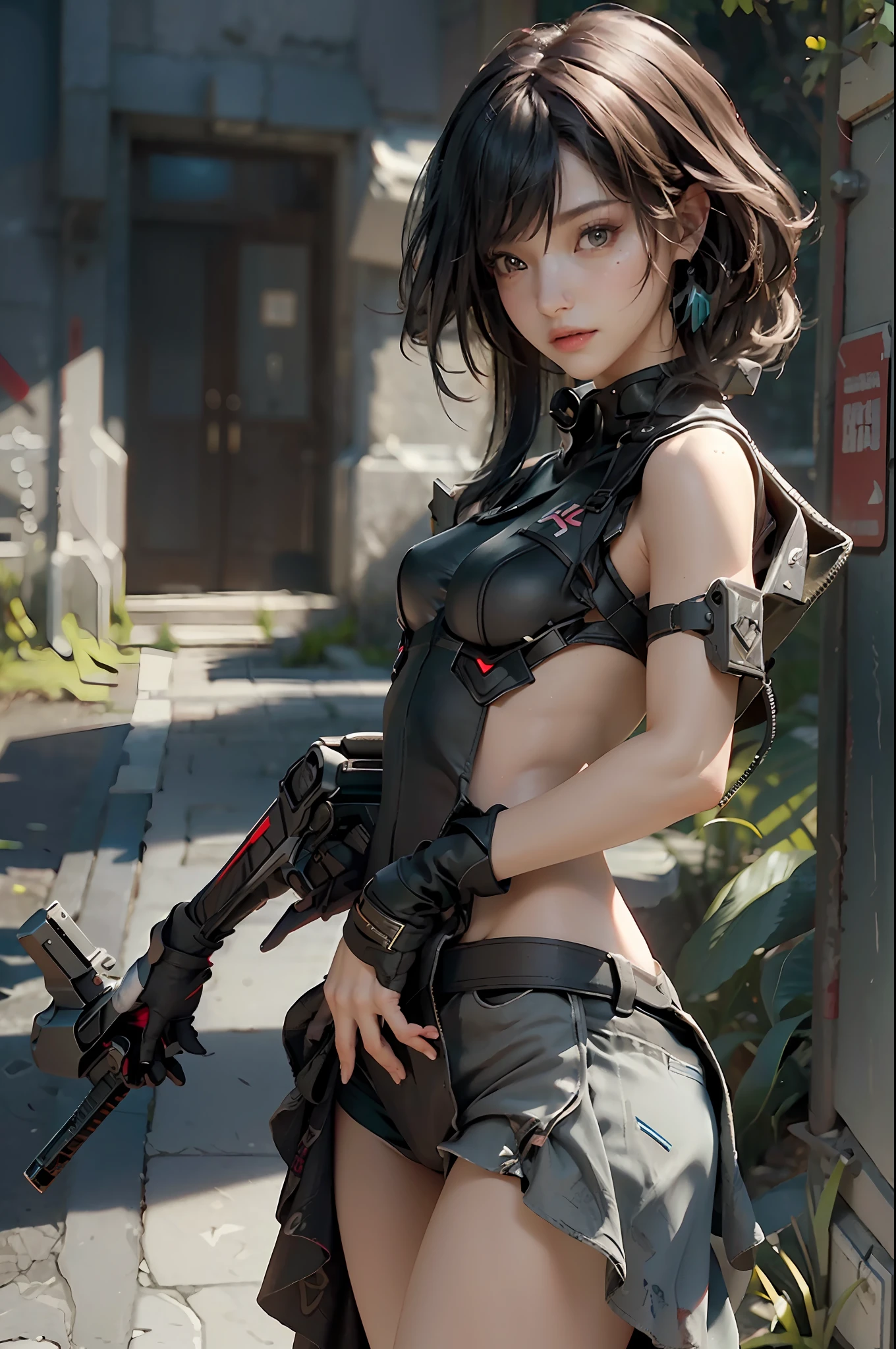 ((Best Quality)), ((Masterpiece)), (Details: 1.4), 3D, ((Square)), ((Face Close))), Perfect Face, Perfect Fingers, Perfect Body, A Beautiful Cyberpunk Female Image Facing Squarely, (Standing), (((High Detail Skin, Visible Pores))), (Small Chest: 1.3), (Firearms), HDR (High Dynamic Range), Ray Tracing, NVIDIA RTX, Super-Resolution, Unreal 5, Subsurface scattering, PBR textures, post-processing, anisotropic filtering, depth of field, maximum sharpness and sharpness, multi-layer textures, albedo and highlight maps, surface shading, accurate simulation of light-material interactions, perfect proportions, Octane Render, two-color light, large aperture, low ISO, white balance, rule of thirds, 8K RAW,