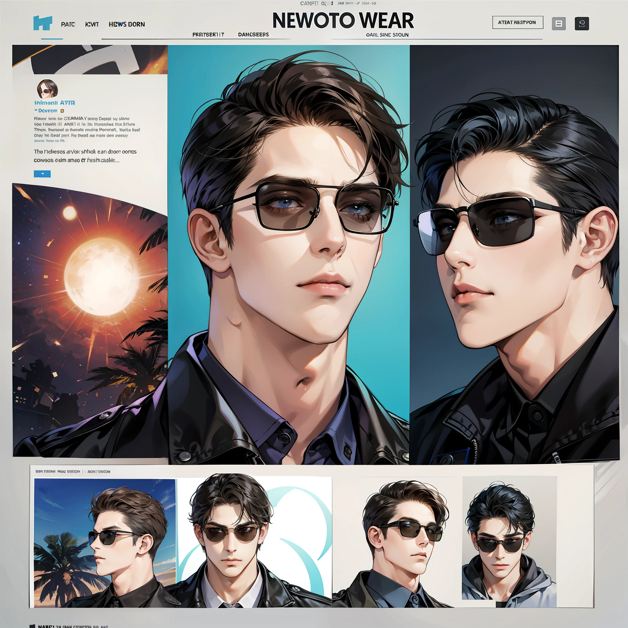 Web page, news with portraits of men with sunglasses