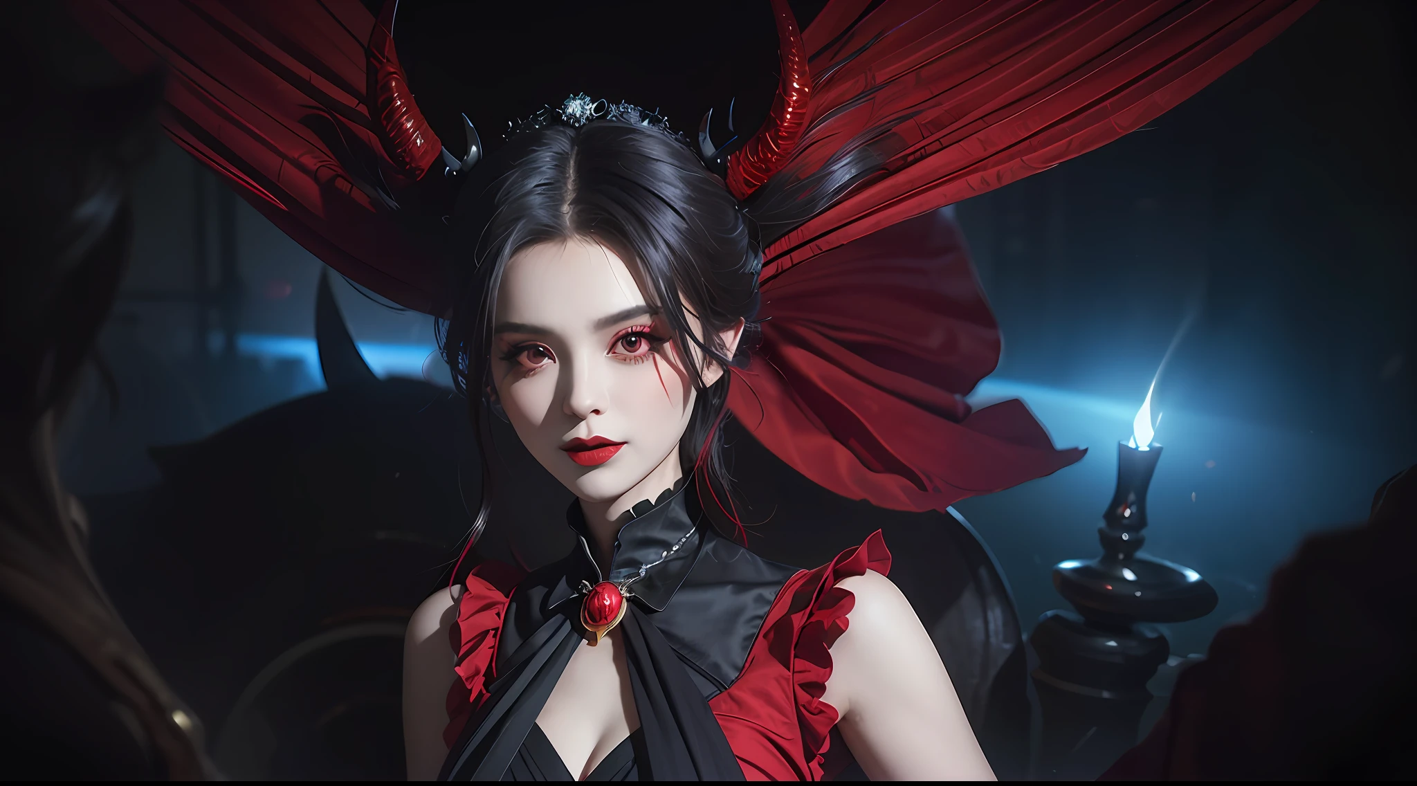 1 beautiful devil woman from hell, In the Dark: 1.6), surreal female portrait by David Hockney and Alphonse Mucha, fantasy art, korea doll, photorealism, dynamic lighting, artstation, poster, volumetric lighting, very detailed faces, 8k ultra, Awarded, in the dark, deep shadow, low key, cowboy lens, (Red phoenix dress: 1.4), long hair, black hair, bust, luxurious palace, Royal style, devil  crown, red eyes make up very sharp and detailed, The most beautiful face, The breasts are very big and round and round, Super realistic, chinese women's clothing, polo neck sweater, Charming smile, The eyes are very well made up, guweiz, devil style, wearing black mesh socks, Ponytail with a bow tied at the back of the hair, Red black lips, Devil tattoo on shoulder, wearing a thin red and black robe, the landscape is overcast and thunderous, (Portrait), Close-up of the main character, (Background details 1.8),