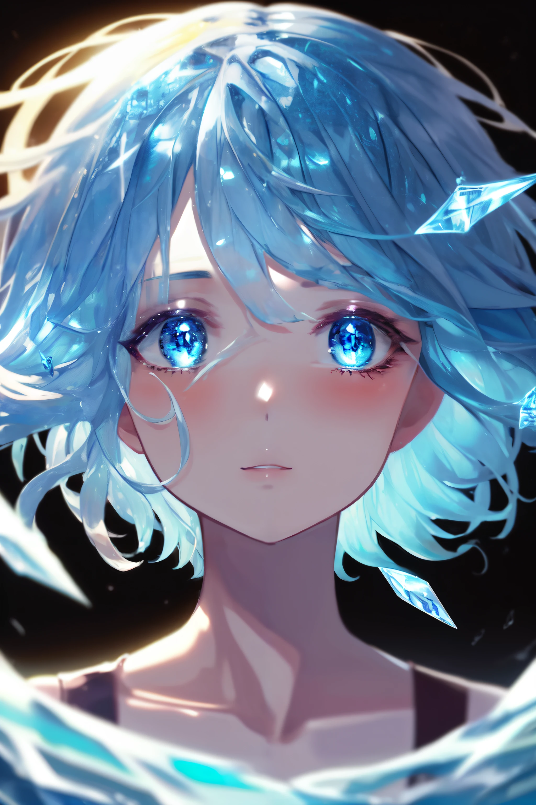(((masterpiece))), best quality, illustration, 4K wallpaper, cinematic light, Absurdres, protrait of 1girl, short hair, blue crystal hair, looking at viewer, glow hair, bloom hair, clothing fantasy