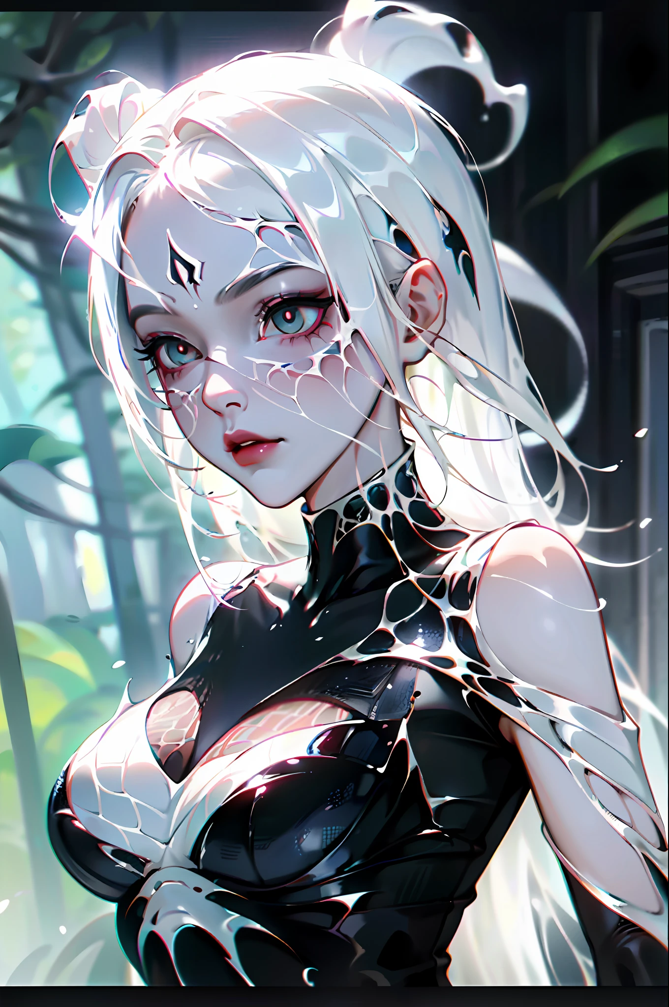 Ghost Spider, Gwen Venom symbiote outfit, black with spider in the center of her chest in white, organic looking outfit, gooey forehead, symbiote, white eyes, fine art, PS5 cinematic screenshot, highly detailed detailed cinematic rendering, ultra photorealistic raytricing, with cinematic lighting