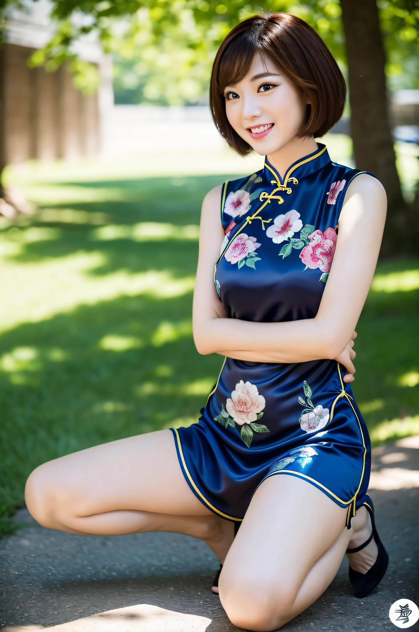 (8k, highest quality, masterpiece: 1.2), ultra detail, highest quality, ultra high resolution, professional lighting, photon mapping, radiosity, physically based rendering, cinematic lighting, depth of field, focusing, sun rays, good composition, (bokeh: 1.2), 1 girl, (full body), smile, beautiful eyes, pose, brown hair, short hair, , open legs, from below, shore, Women's cheongsam,