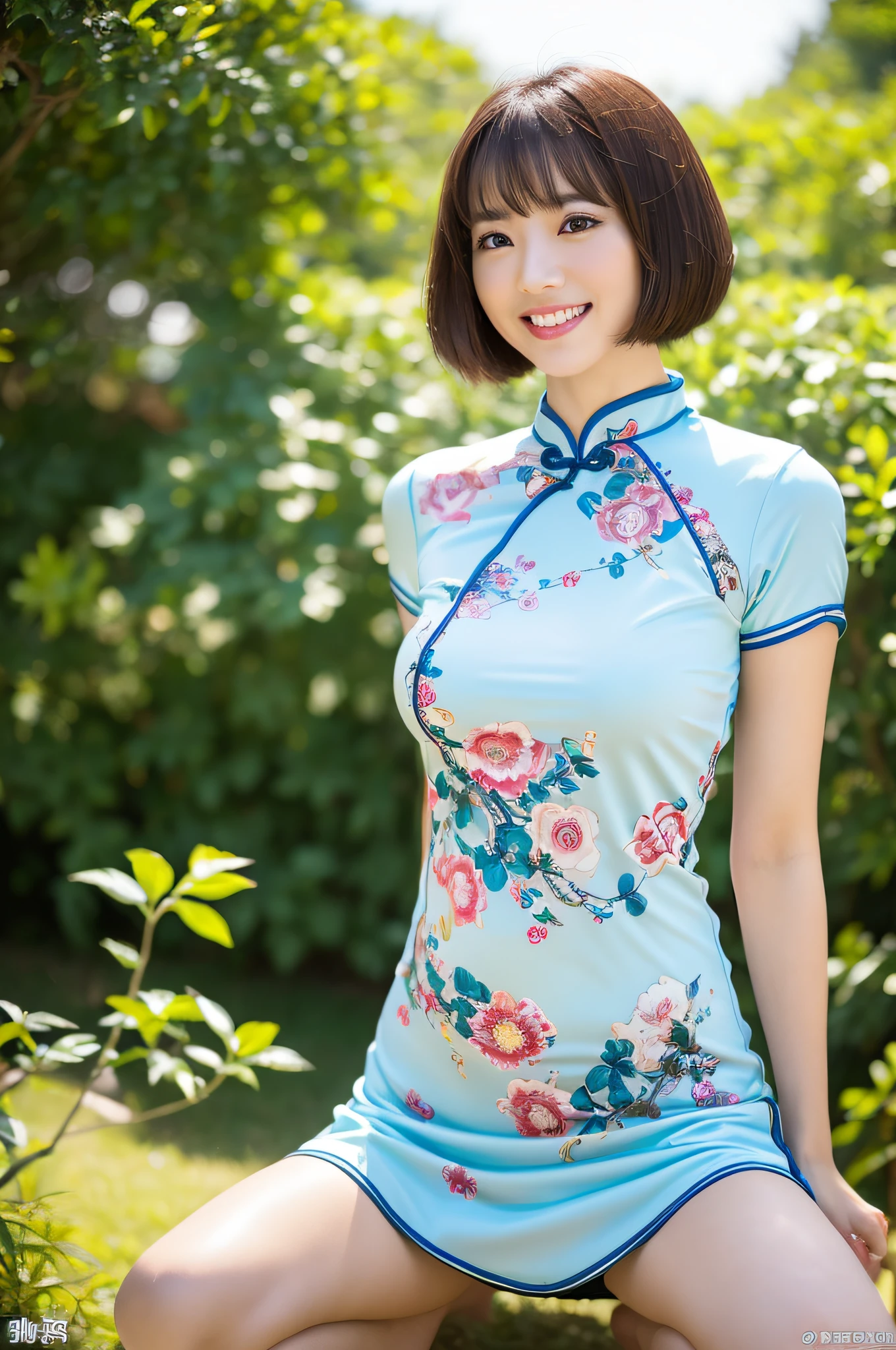 (8k, highest quality, masterpiece: 1.2), ultra detail, highest quality, ultra high resolution, professional lighting, photon mapping, radiosity, physically based rendering, cinematic lighting, depth of field, focusing, sun rays, good composition, (bokeh: 1.2), 1 girl, (full body), smile, beautiful eyes, pose, brown hair, short hair, , open legs, from below, shore, Women's cheongsam,