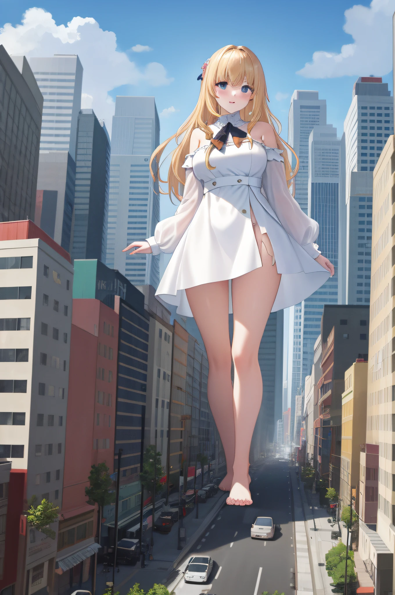 giant woman blonde hair torn white mini dress barefoot standing in cityscape mountainscape