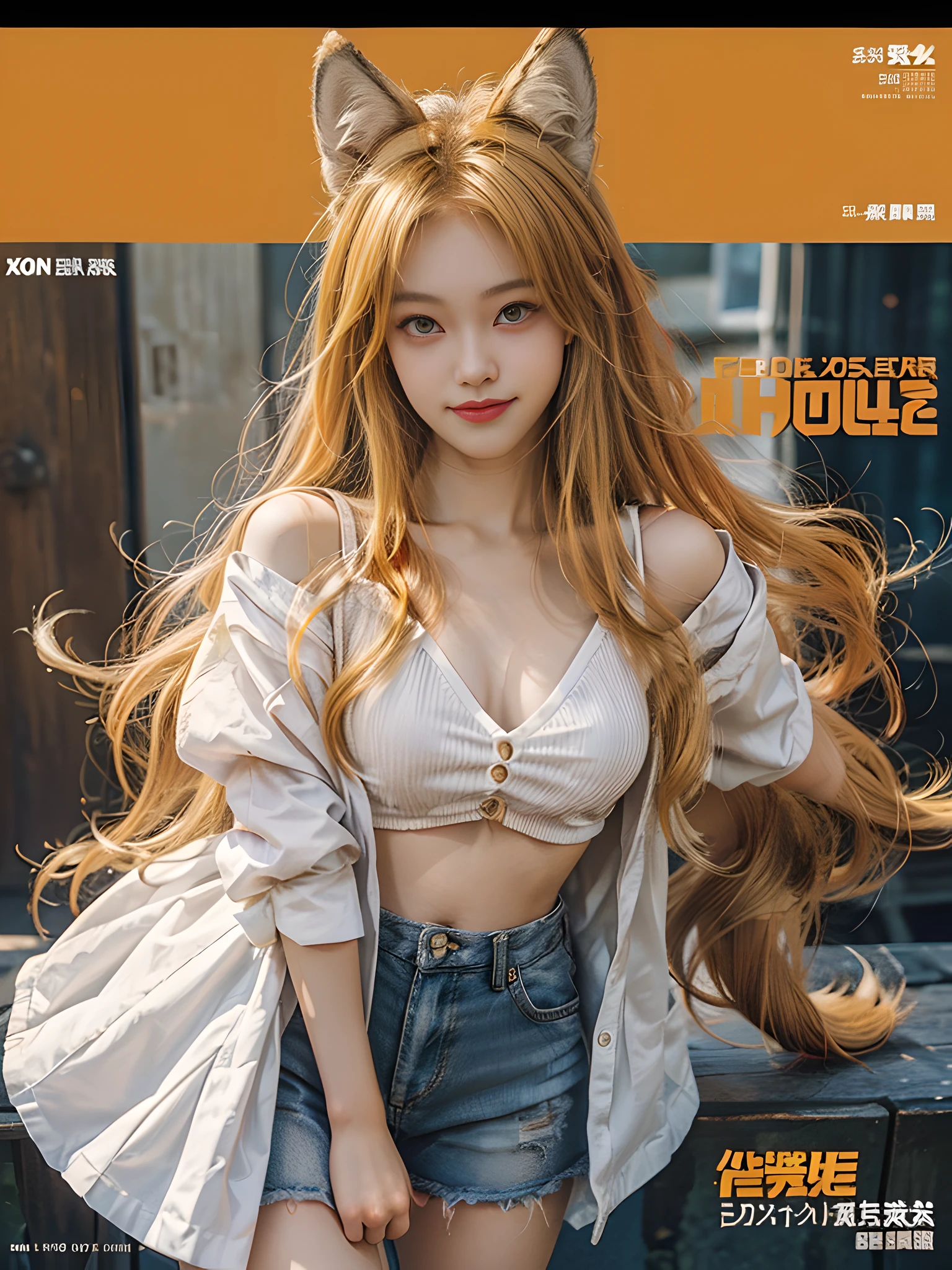 1girl, smile, full body, (standing :1.2), (golden eye), (red eye), (wolf ear), (yellow hair), (wolf tail), (wolf ears), (a cute young girl:1.1), (wolf ear), beautiful detailed eyes, orange hair, very long hair, small breasts, (looking at viewer), (magazine:1.3), (cover-style:1.3)
