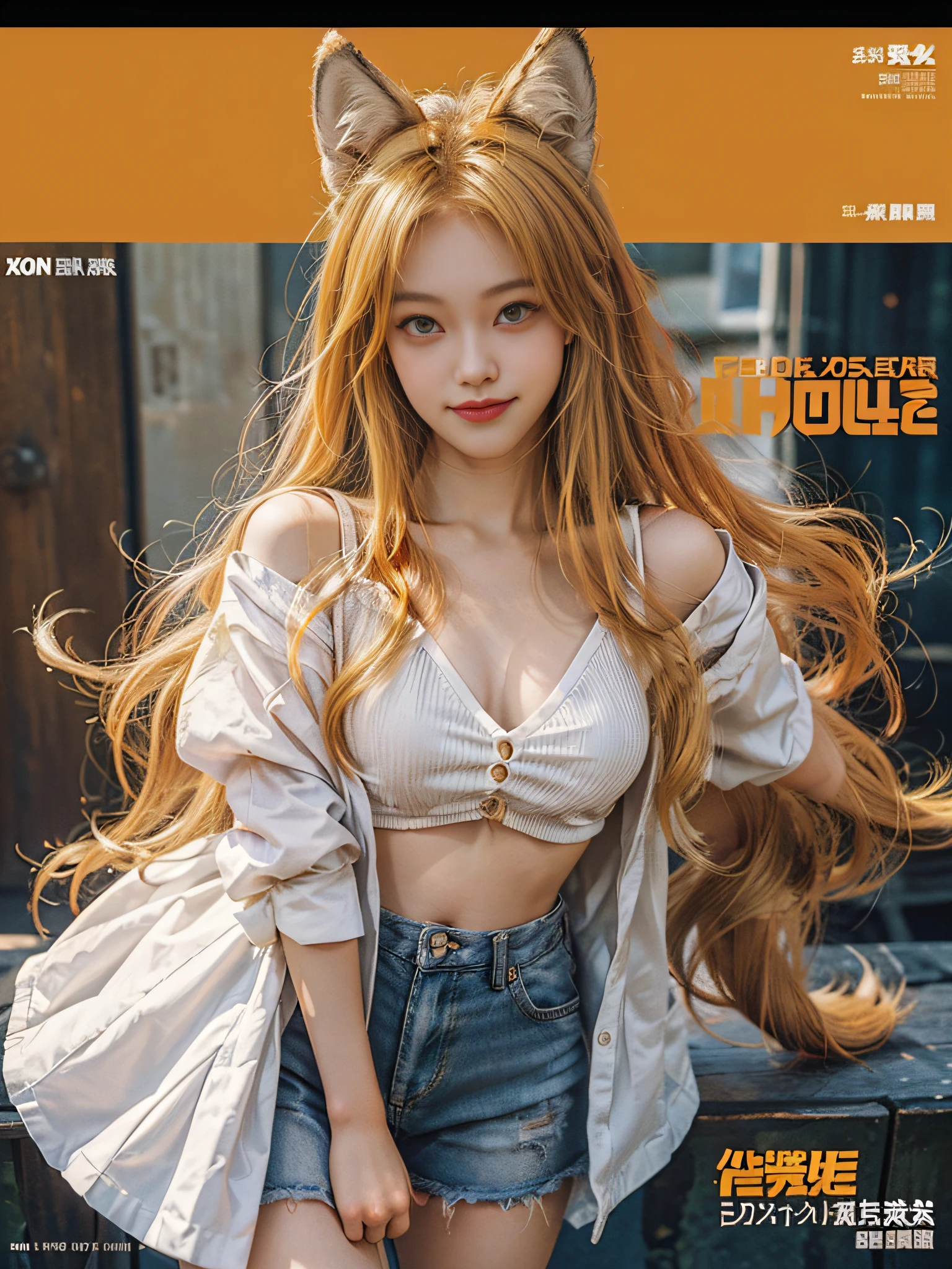 1girl, smile, full body, (standing :1.2), (golden eye), (red eye), (wolf ear), (yellow hair), (wolf tail), (wolf ears), (a cute young girl:1.1), (wolf ear), beautiful detailed eyes, orange hair, very long hair, small breasts, (looking at viewer), (magazine:1.3), (cover-style:1.3)