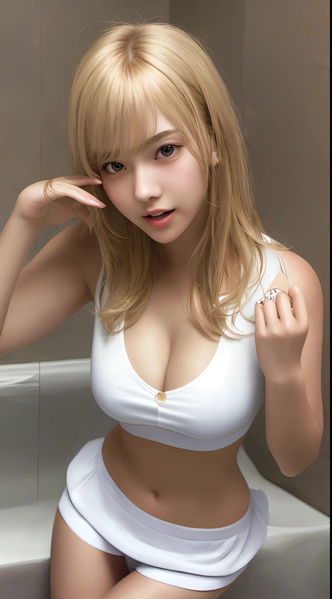 Best Quality, Super Detail, Masterpiece, Fine Detail, High Resolution, Portrait, 8k Wallpaper, Realistic Details, Garment Details, Skin Details, Detailed Eyes, Photoshop \(Medium\), Slim Body, 1 Girl, Japan Person, 20 Years Old, Beautiful Eyes, Bare Skin, Well-groomed Face, Bangs, Blunt Bangs, Colossal, Wearing a White Shirt, (Pleasant Look), Mouth Open, Navel Visible, Close Up , Wearing a short skirt, Gal, Tanned skin, Medium hair, Blonde, Cleavage visible, Brown skin, Shower room, Finger sucking, Finger crossing, Finger to mouth, Showering, Full body wet, Chest wet