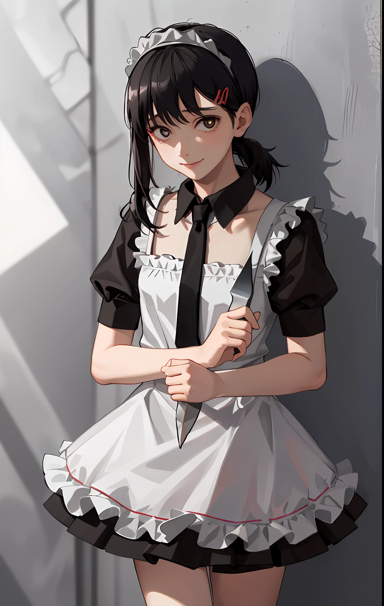 Masterpiece, Best Quality, High Quality, High Resolution, Masterpiece* Portrait, 1girl, Solo, Maid, Maid Tiara, Maid Apander, Smile, Silver Hair, [Silver | Black] Eyes, full body, hands down, hands carrying a knife, ruffles, many side ruffles,