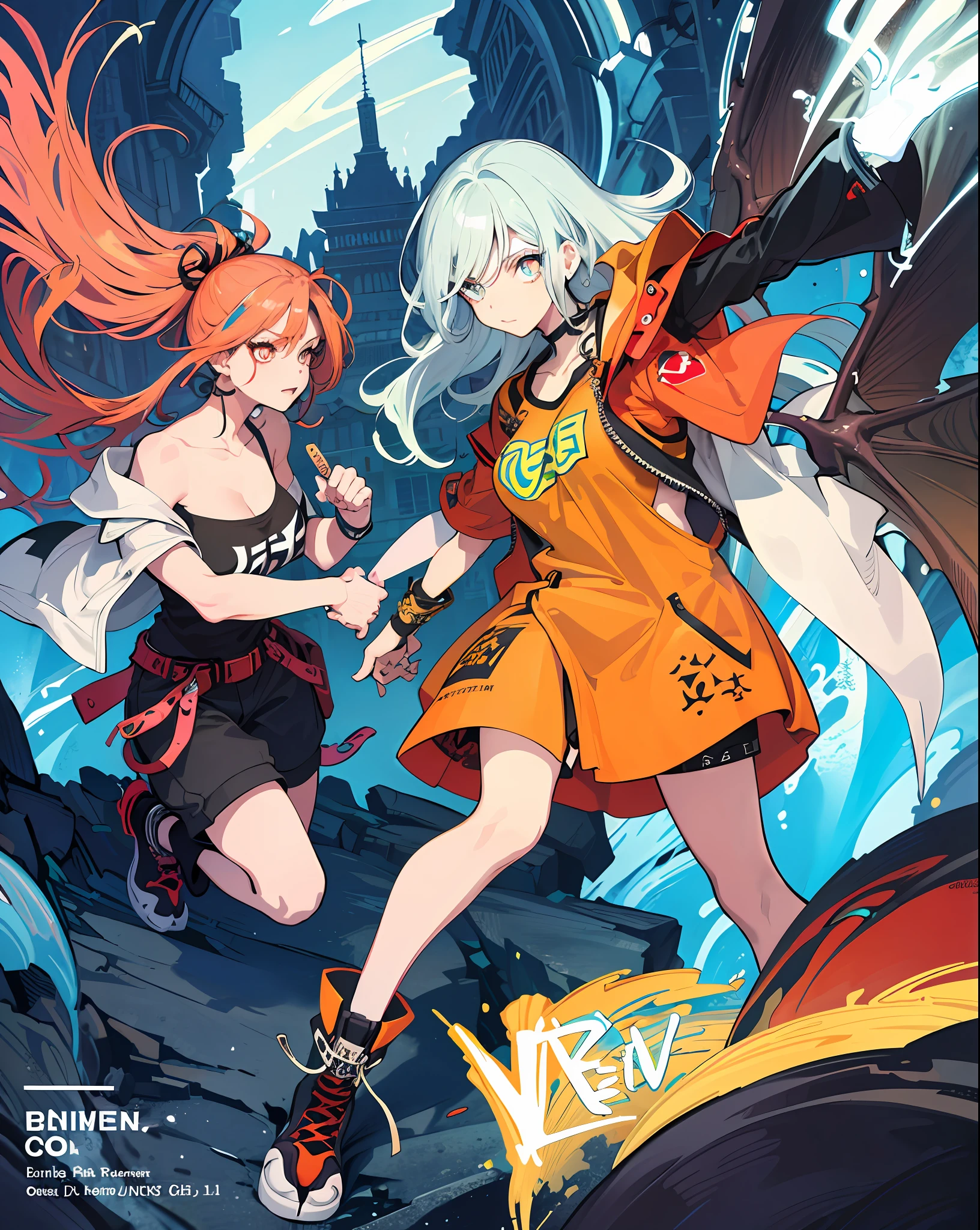 3girls, excellent lighting, sidelighting, (curvy: 1.2), vhsKeeper, background, mixed-language_text, Japanese graffiti letters, GUILTY GEAR -STRIVE style perfect(flat color: 1.3), (magazine_cover: 1.4), (multicolored_background: 1.3), striped_background, card_background, :: comix style by joe madureira ::large breasts, perfect and detailed, ultra detailed shirt with abstract design, with Japanese graffit letter print on the sides of the dress, image of full-body women fighting alongside you with powerful dragons versus alien creature full of tentacles, with immersive effects, hover effect, background graffiti style tribal tattoo with vibrant colors "ultra HDR" detailed and with focus effect, (masterpiece: 1.2, best quality),(Finely detailed eyes and detailed face with long eyelashes:1.3), in various full-body attack poses, (cute background: 1.2),futuristic costume, super detailed circular metals Clinging to the arms and pants, fantastic paintings