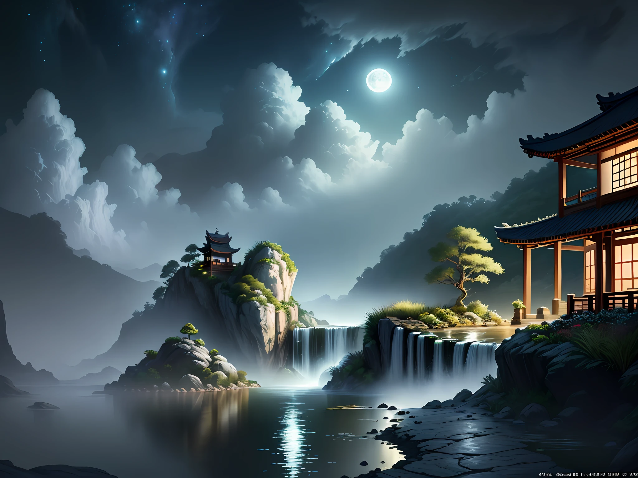 Masterpiece, Best Quality, Close-up, Realism, A Bright Moon, Sea of Clouds, Rockery, Flowing Water, Waterhole, Water Vapor, Garden, Gazebo, Flowing Clouds, Flowing Water, [Falling Leaves], Night View, (Dark Night), Chiaroscuro, Ancient Chinese Architecture, Cool Colors, (Illustration: 1.3), Epic Composition, Realistic Lighting, HD Details, Masterpiece, (Very Detailed, 8K, Wallpaper), (Best Quality)