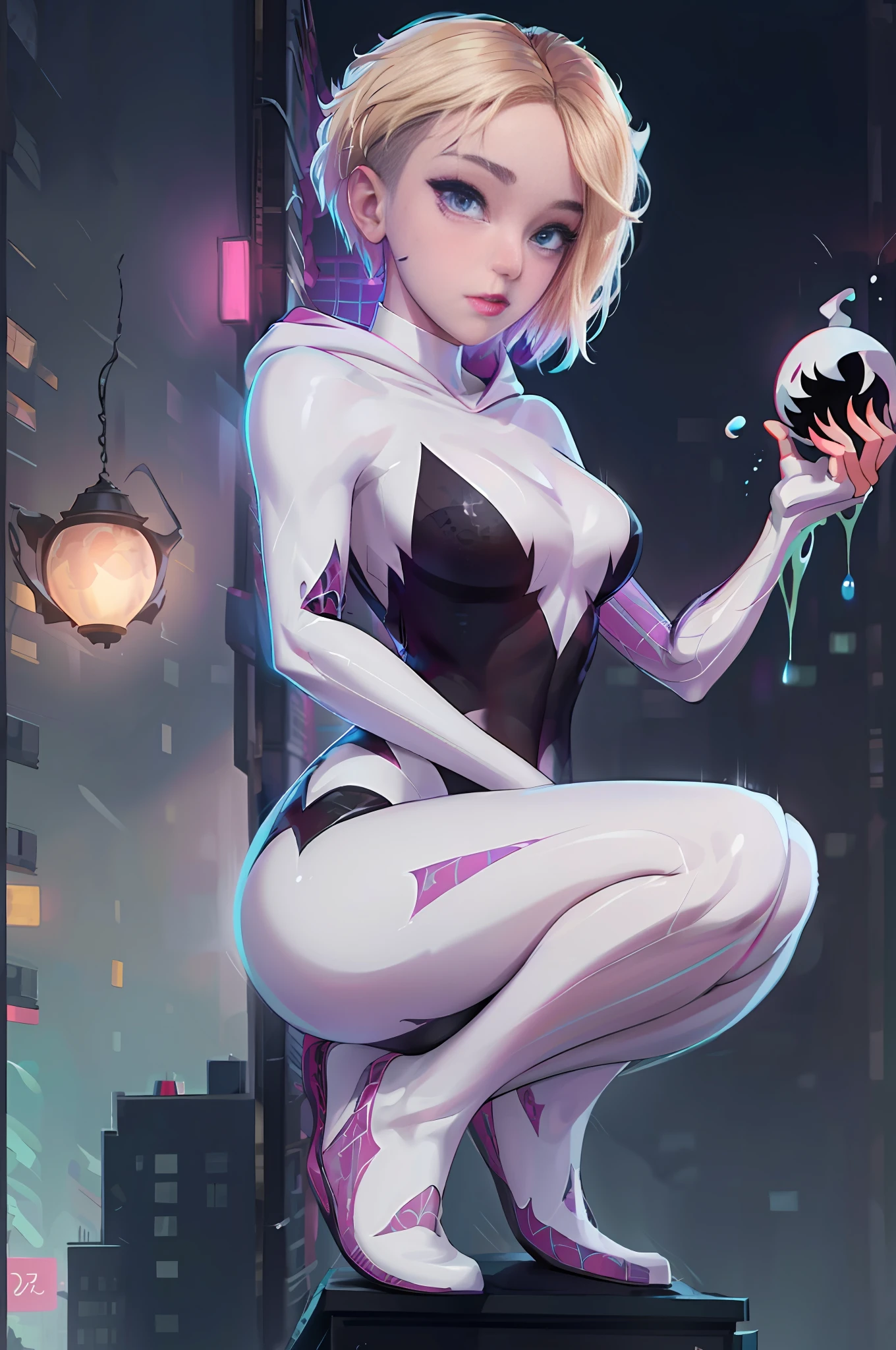 Ghost Spider, Gwen Venom symbiote outfit, black with spider in the center of her chest in white, organic looking outfit, gooey forehead, symbiote, white eyes, fine art, PS5 cinematic screenshot, highly detailed detailed cinematic rendering, ultra photorealistic raytricing, with cinematic lighting