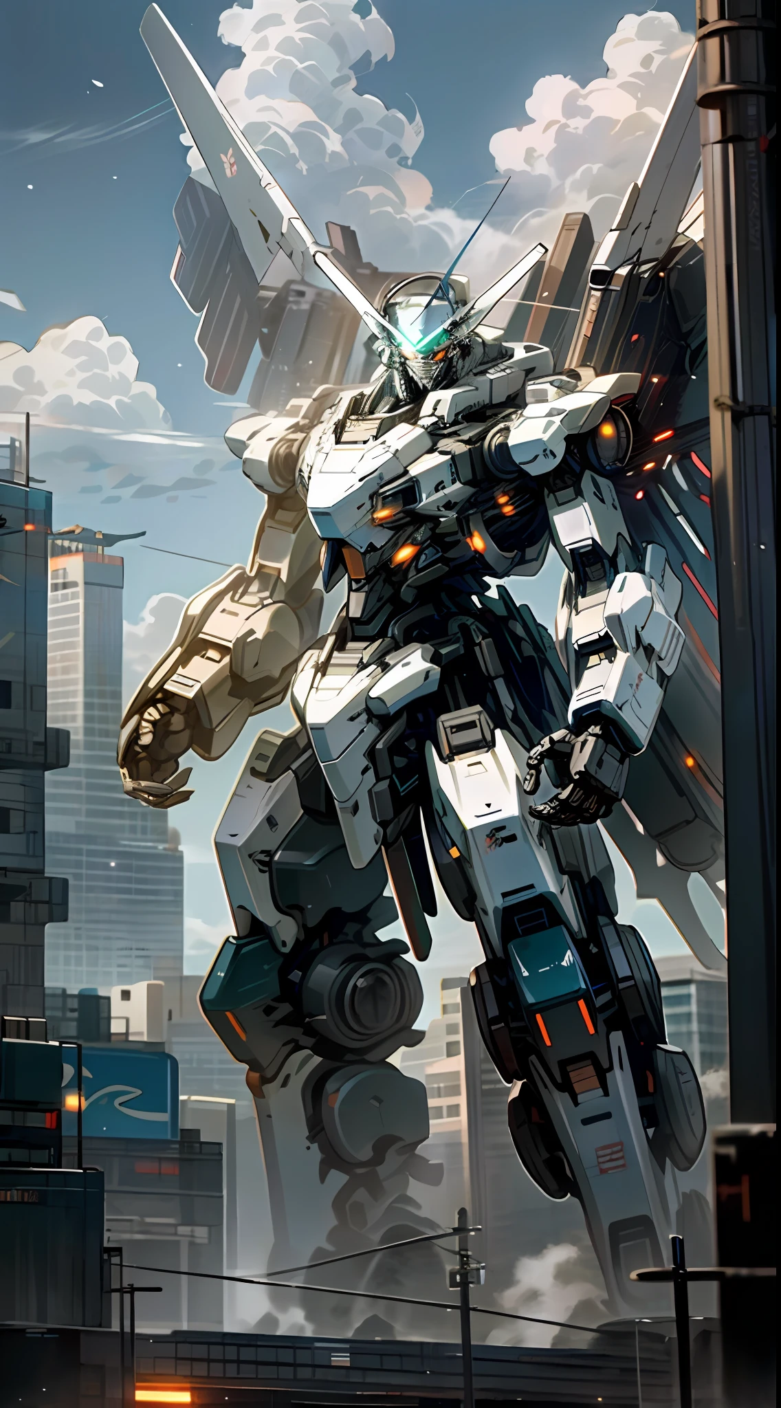 sky, cloud, holding_weapon, no_humans, glowing, , robot, building, glowing_eyes, mecha, science_fiction, city, realistic,mecha
