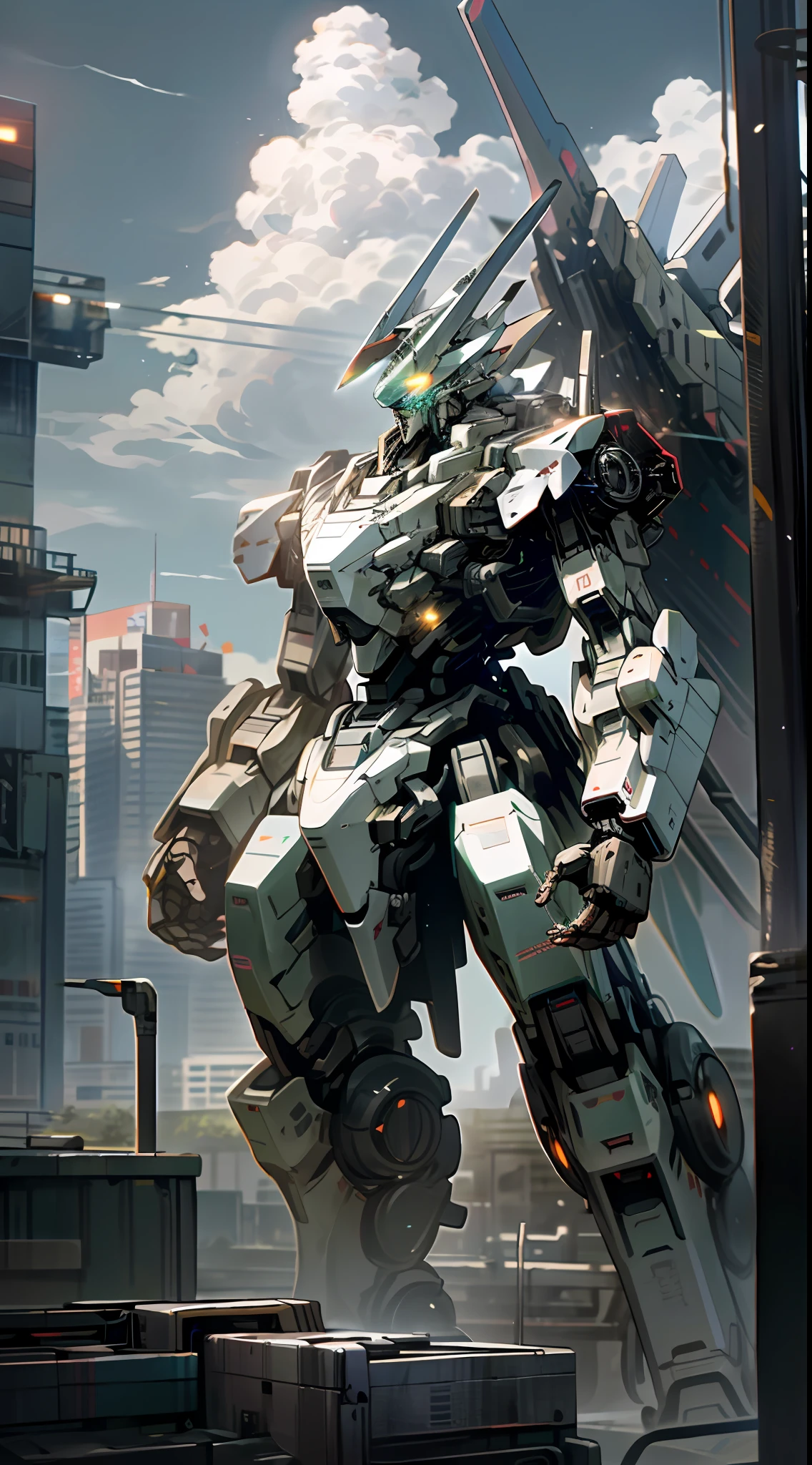 sky, cloud, holding_weapon, no_humans, glowing, , robot, building, glowing_eyes, mecha, science_fiction, city, realistic,mecha