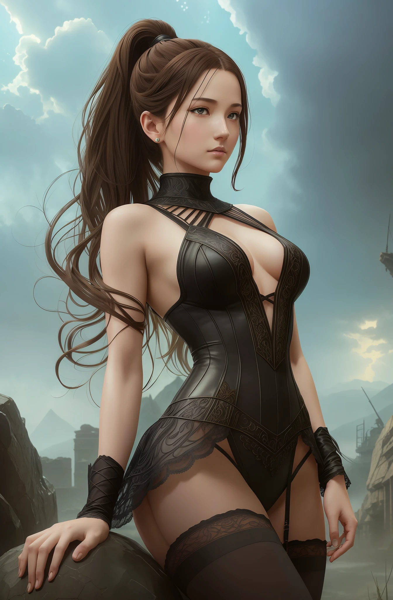 best quality, masterpiece, upper body, woman, braided bronze brown hair, azure eyes, 1920s plunging neckline dress golden and white, spider man, drip outfit, heavy rain, magical, highly detailed, trending on artstation, unreal engine 4 k, cinematic wallpaper by stanley artgerm lau, wlop, rossdraws, james jean, andrei riabovitchev, marc simonetti, yoshitaka amano. background by james jean and gustav klimt, light by julie bell, 4 k, porcelain skin, style of zdislaw beksinski, detailed, 8k, dynamic lighting, white chromatic aberration, soaking wet,lace,translucent,elusive,A girl who is 150cm tall, is facing forward, and has a large body. She is wearing a lace small vest on her chest, a short black lace translucent skirt, and has long hair tied in a ponytail. She is looking at the sky with her hands behind her back, and wearing semi-transparent black stockings on her legs. Her skin texture looks realistic like a real person in a photo. She is standing on a large rock, with a destroyed Gundam lying on the ground in the background, and a dark and cloudy sky above. In the distance, there is thick smoke rising from the ruins. --auto --s2