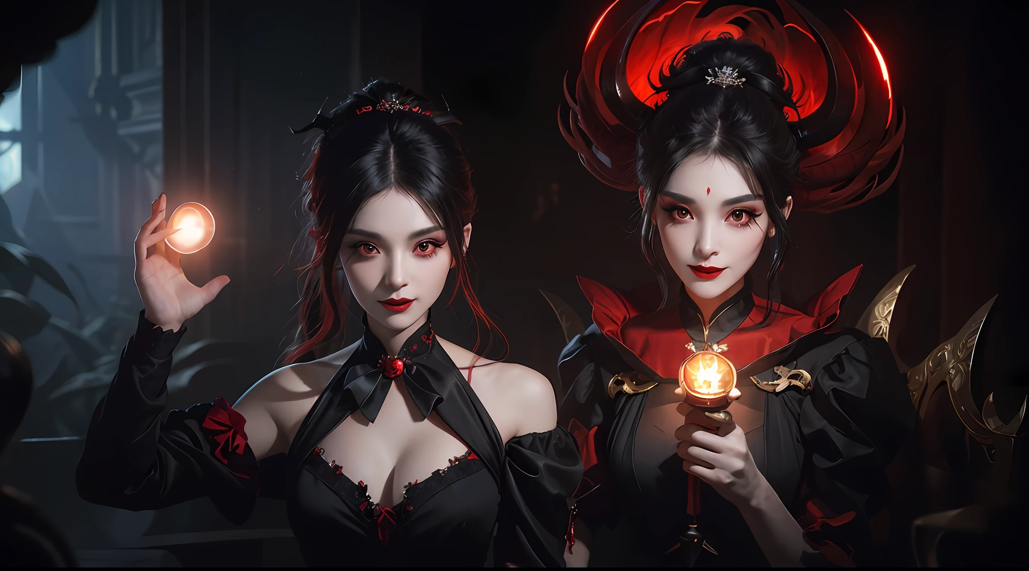 1 beautiful devil woman from hell, In the Dark: 1.6), surreal female portrait by David Hockney and Alphonse Mucha, fantasy art, korea doll, photorealism, dynamic lighting, artstation, poster, volumetric lighting, very detailed faces, 8k ultra, Awarded, in the dark, deep shadow, low key, cowboy lens, (Red phoenix dress: 1.4), long hair, black hair, bust, luxurious palace, Royal style, devil  crown, red eyes make up very sharp and detailed, The most beautiful face, The breasts are very big and round and round, Super realistic, chinese women's clothing, polo neck sweater, Charming smile, The eyes are very well made up, guweiz, devil style, wearing black mesh socks, Ponytail with a bow tied at the back of the hair, Red black lips, Devil tattoo on shoulder, wearing a thin red and black robe, the landscape is overcast and thunderous, (Portrait), Close-up of the main character, (Background details 1.8),